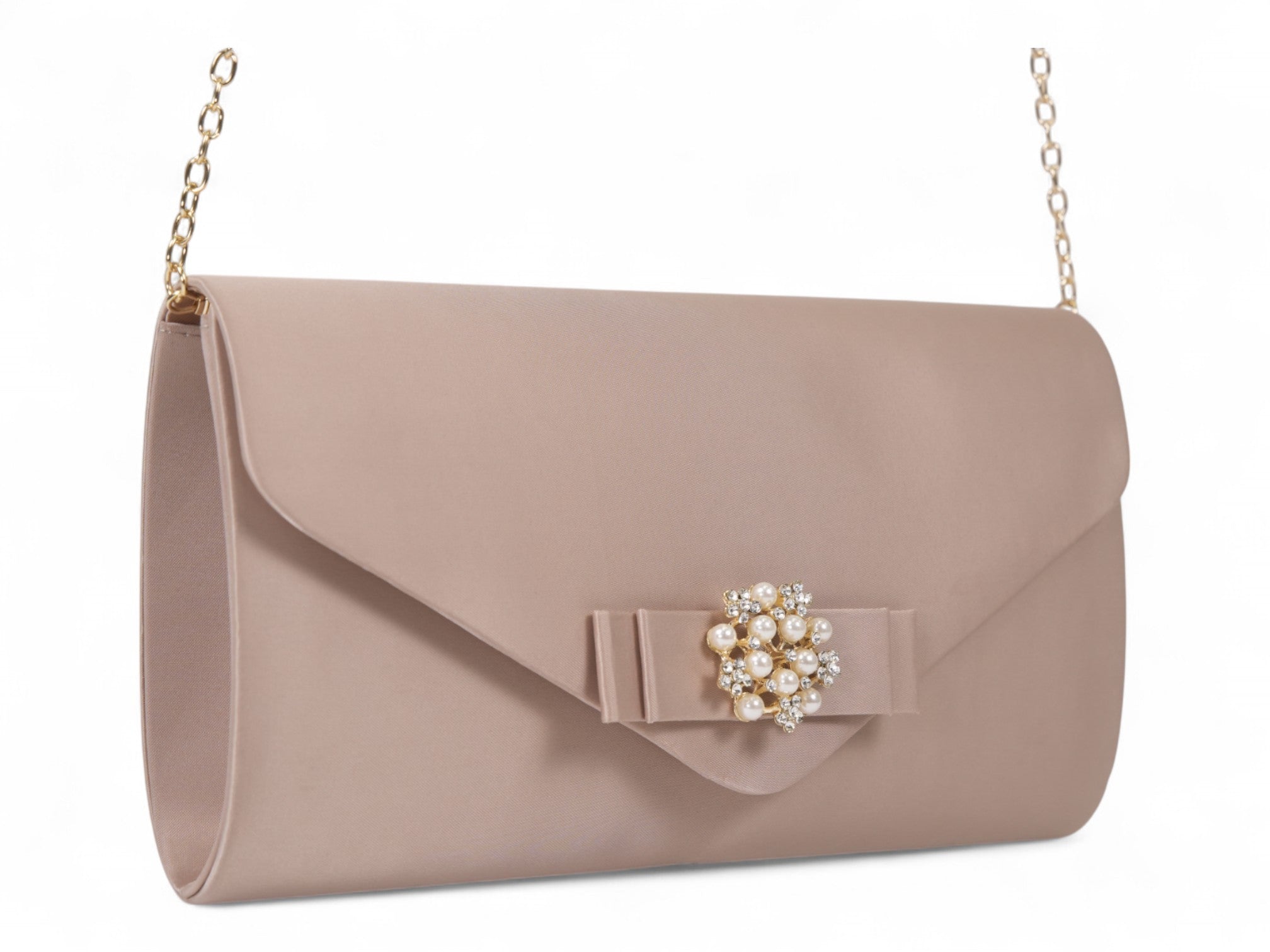Nude Satin Pearl Brooch Clutch