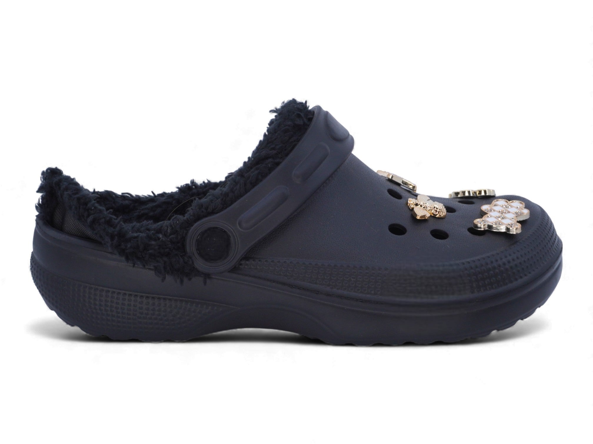 Black Faux Fur Lined Gold Charm Clogs