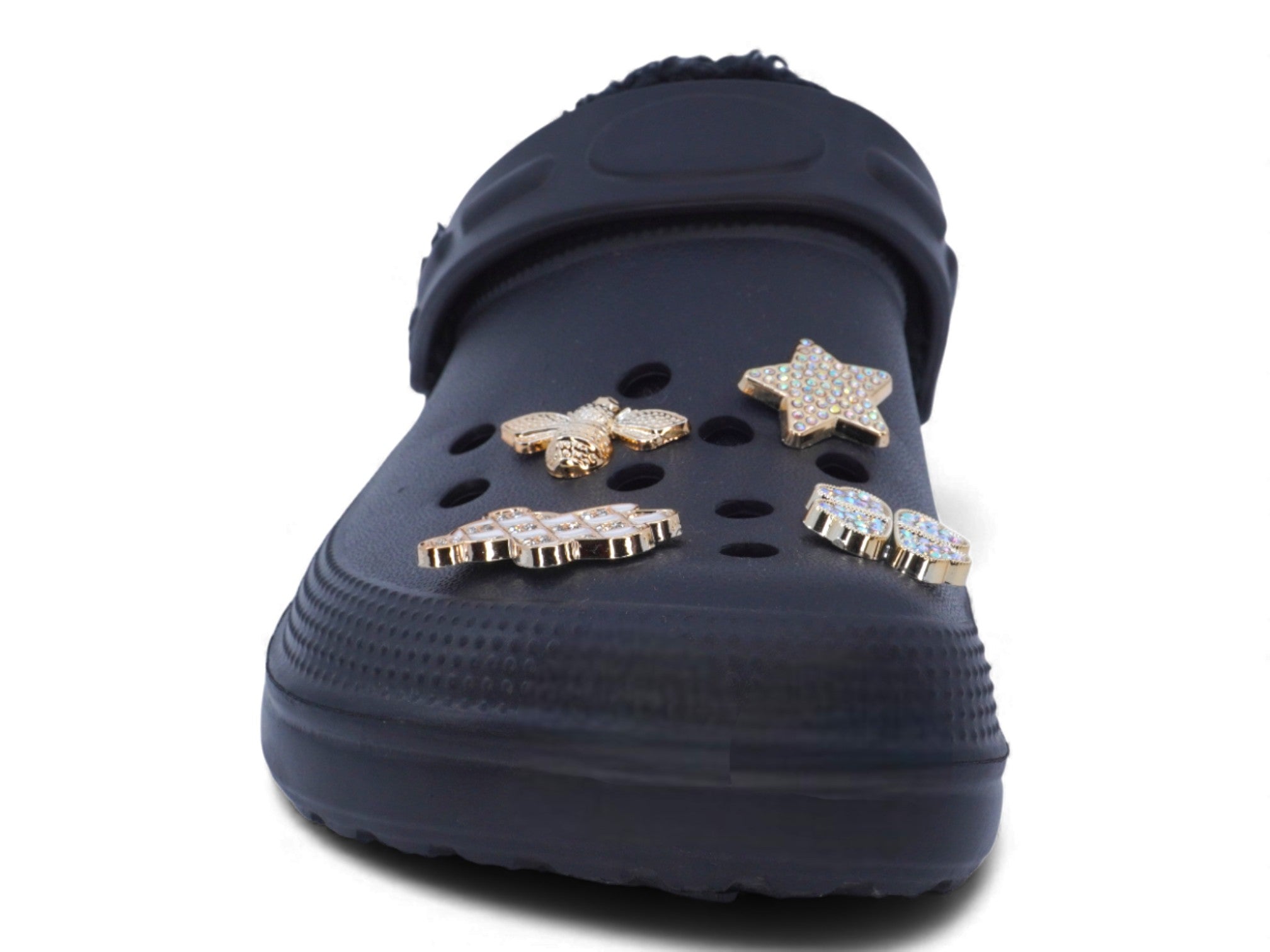 Black Faux Fur Lined Gold Charm Clogs