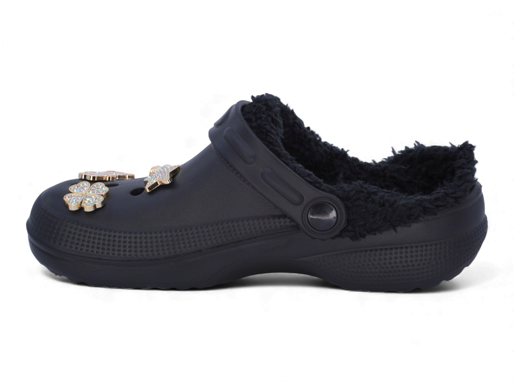 Black Faux Fur Lined Gold Charm Clogs