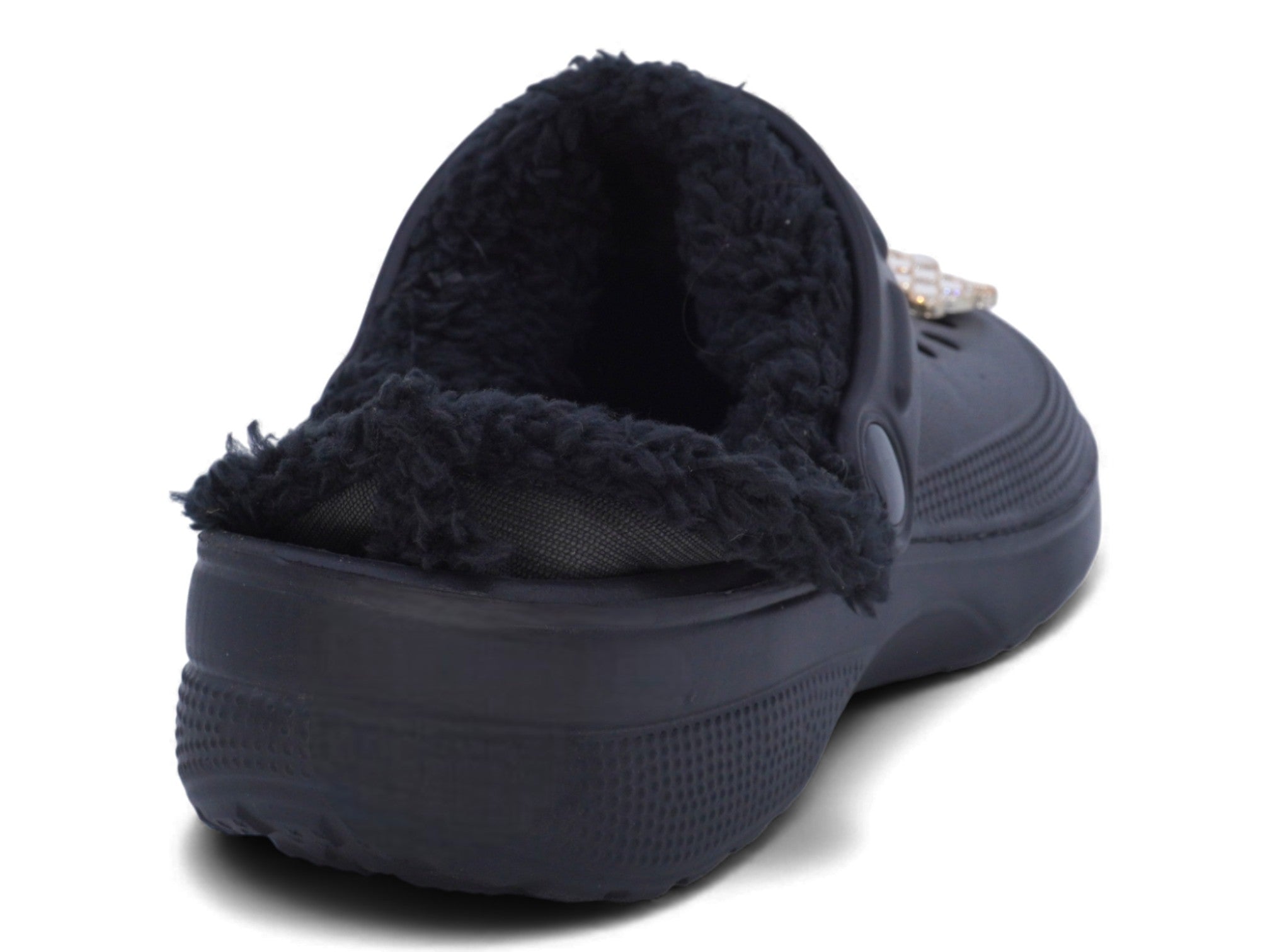 Black Faux Fur Lined Gold Charm Clogs