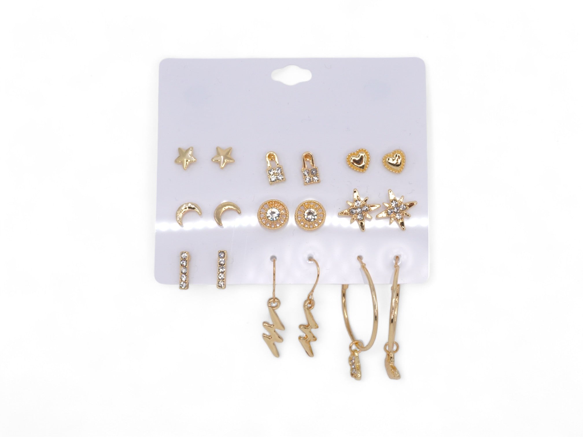 Lightening Bolt Gold Stud and Dangle Earrings - 9 Pairs
