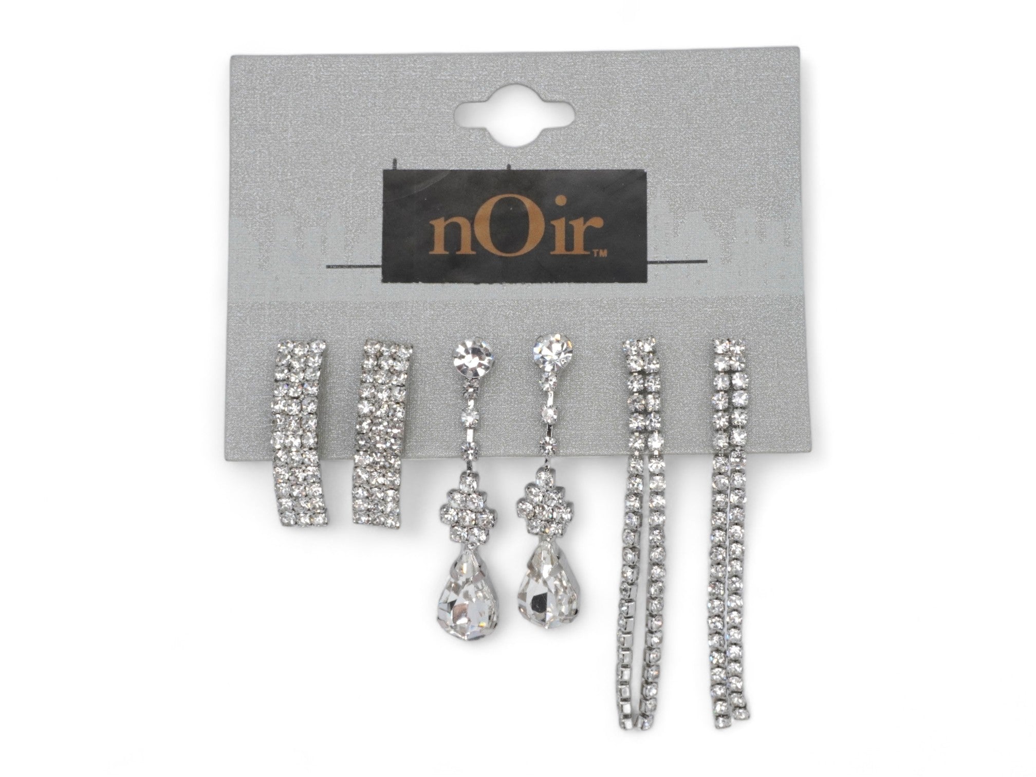 Silver Rhinestone Drop Earrings - 3 Pairs