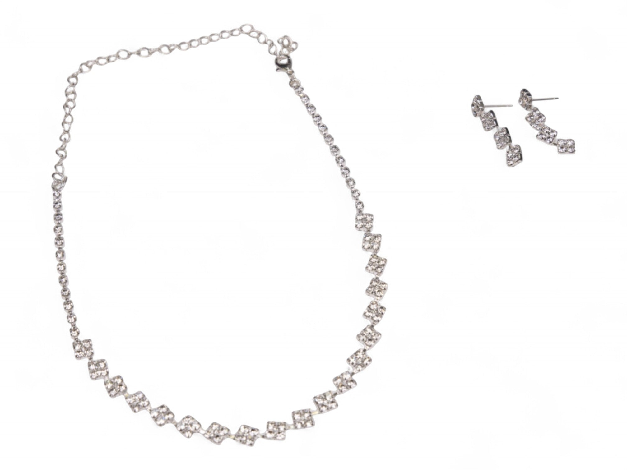 Silver Rhinestone Necklace & Drop Earring Set