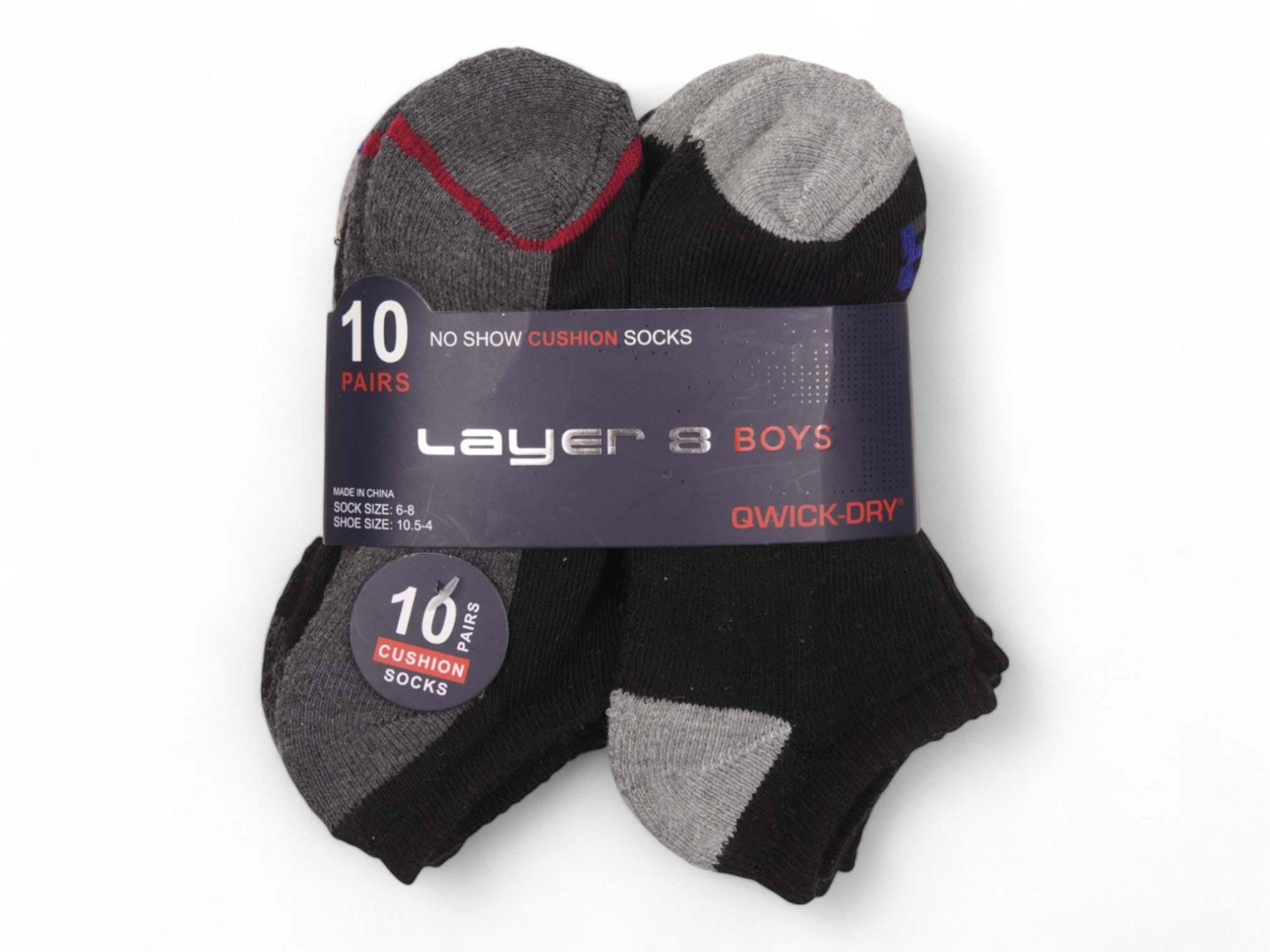 Boy's Black Gray Mix No Show Cushion Socks - 10 Pairs