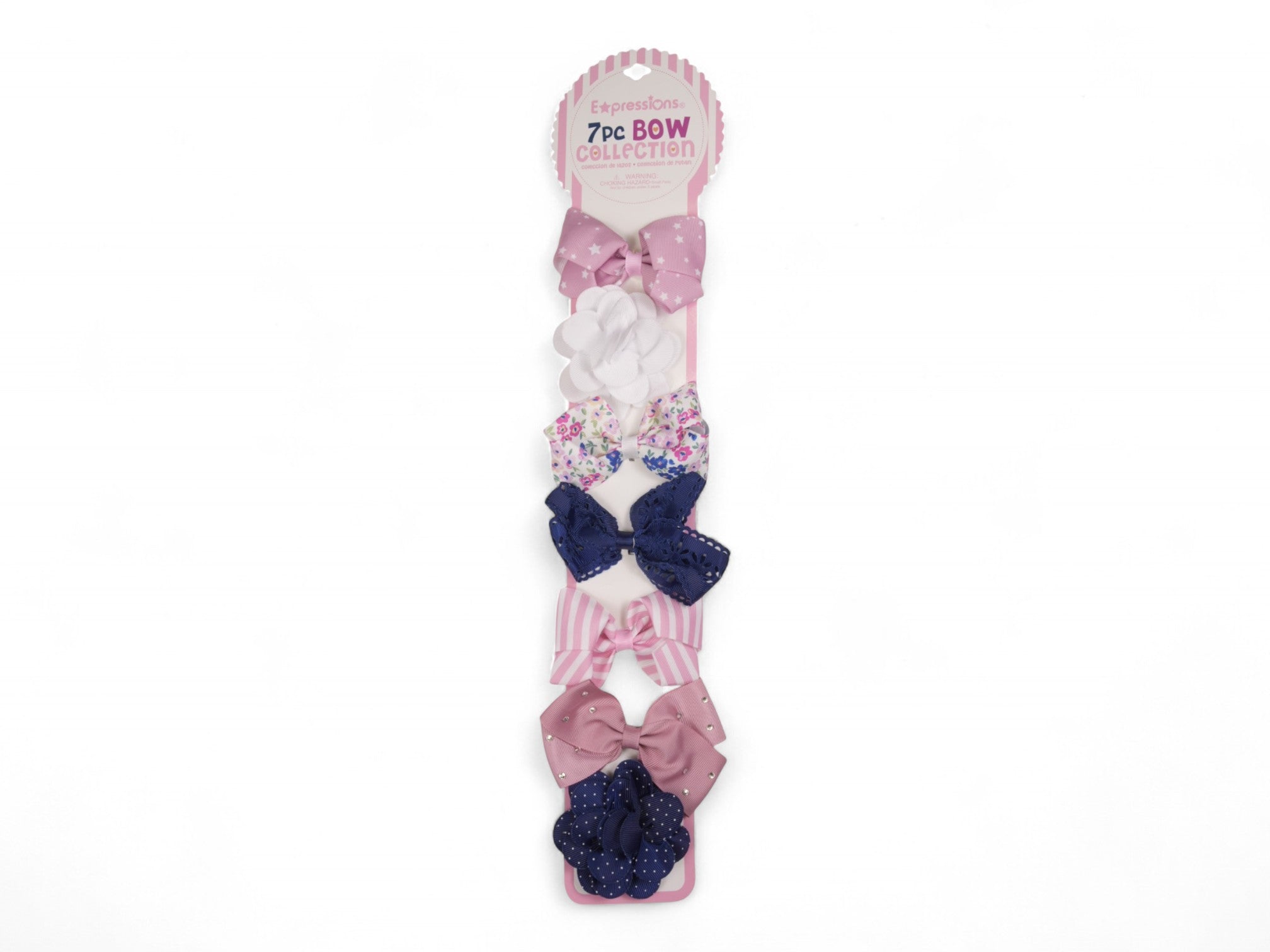 Girl's XL Pink & Navy Bow Clips - 7 Pack