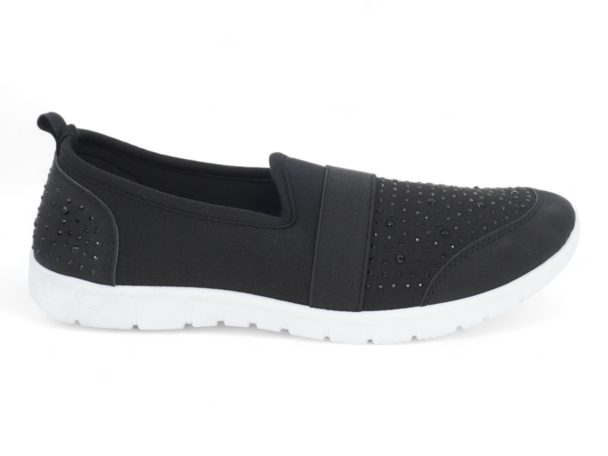 Women's Black Elastic Rhinestone Slip-On Sneaker