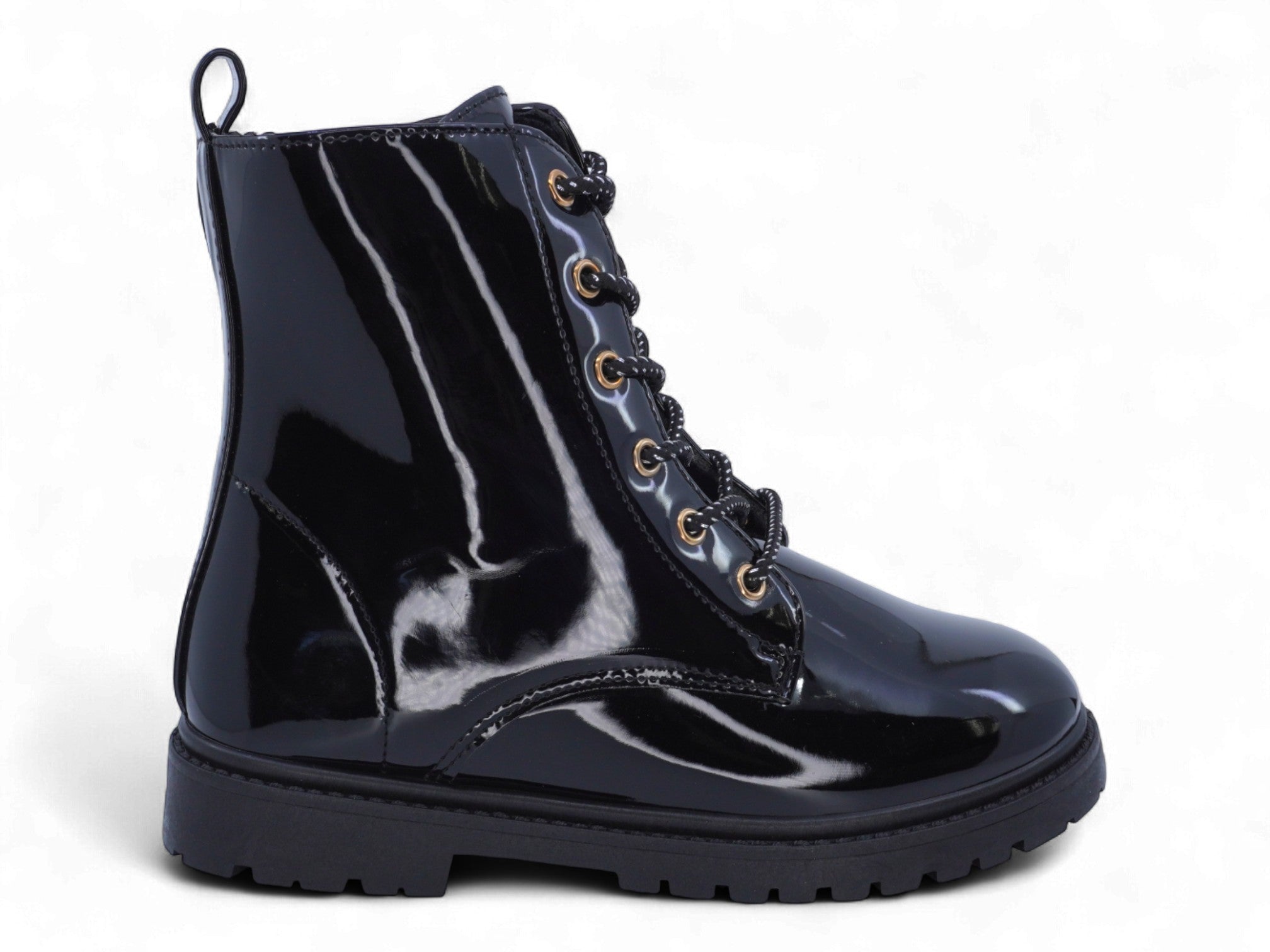 Girls Black Patent Combat Boots