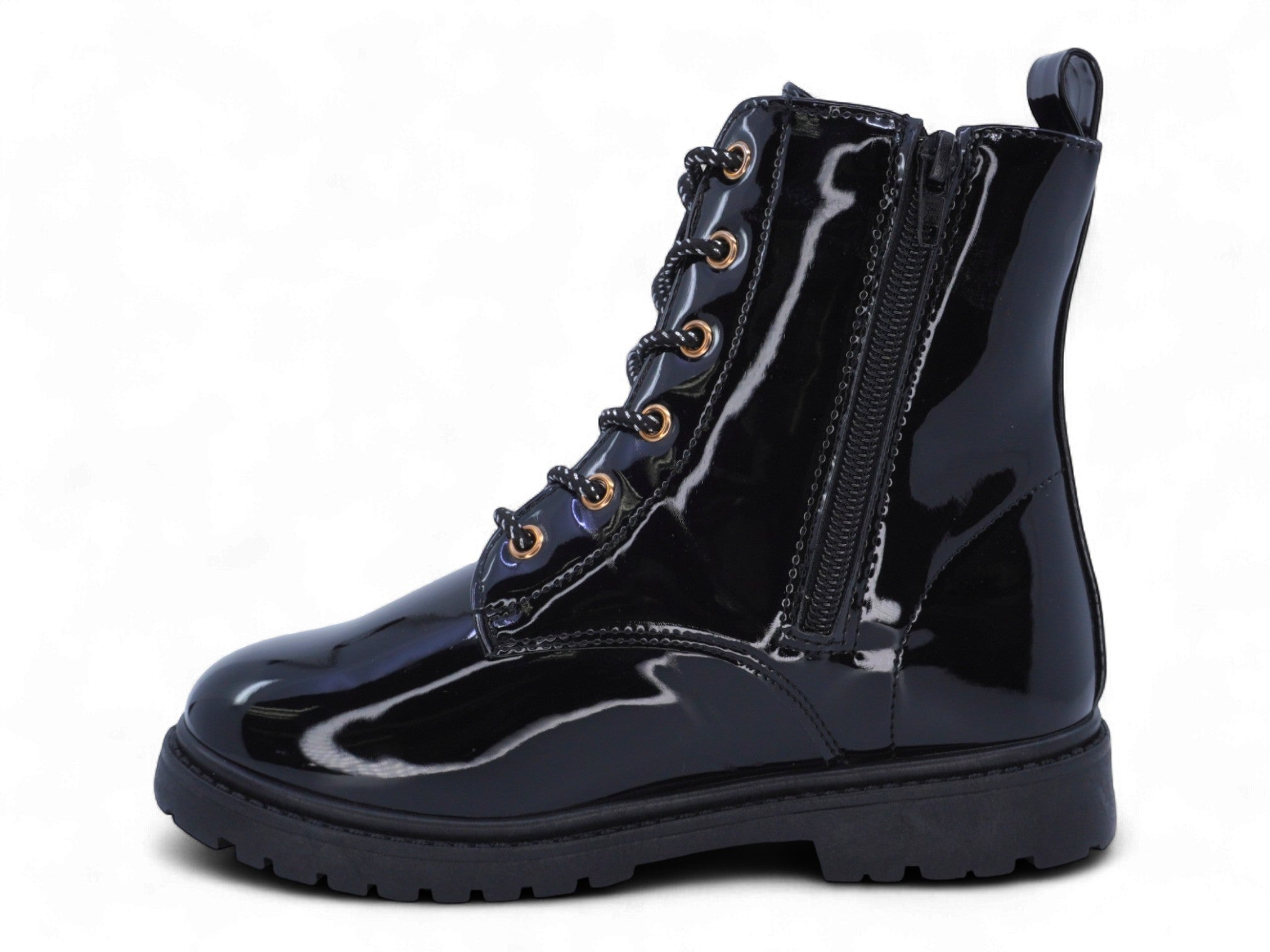 Girls Black Patent Combat Boots