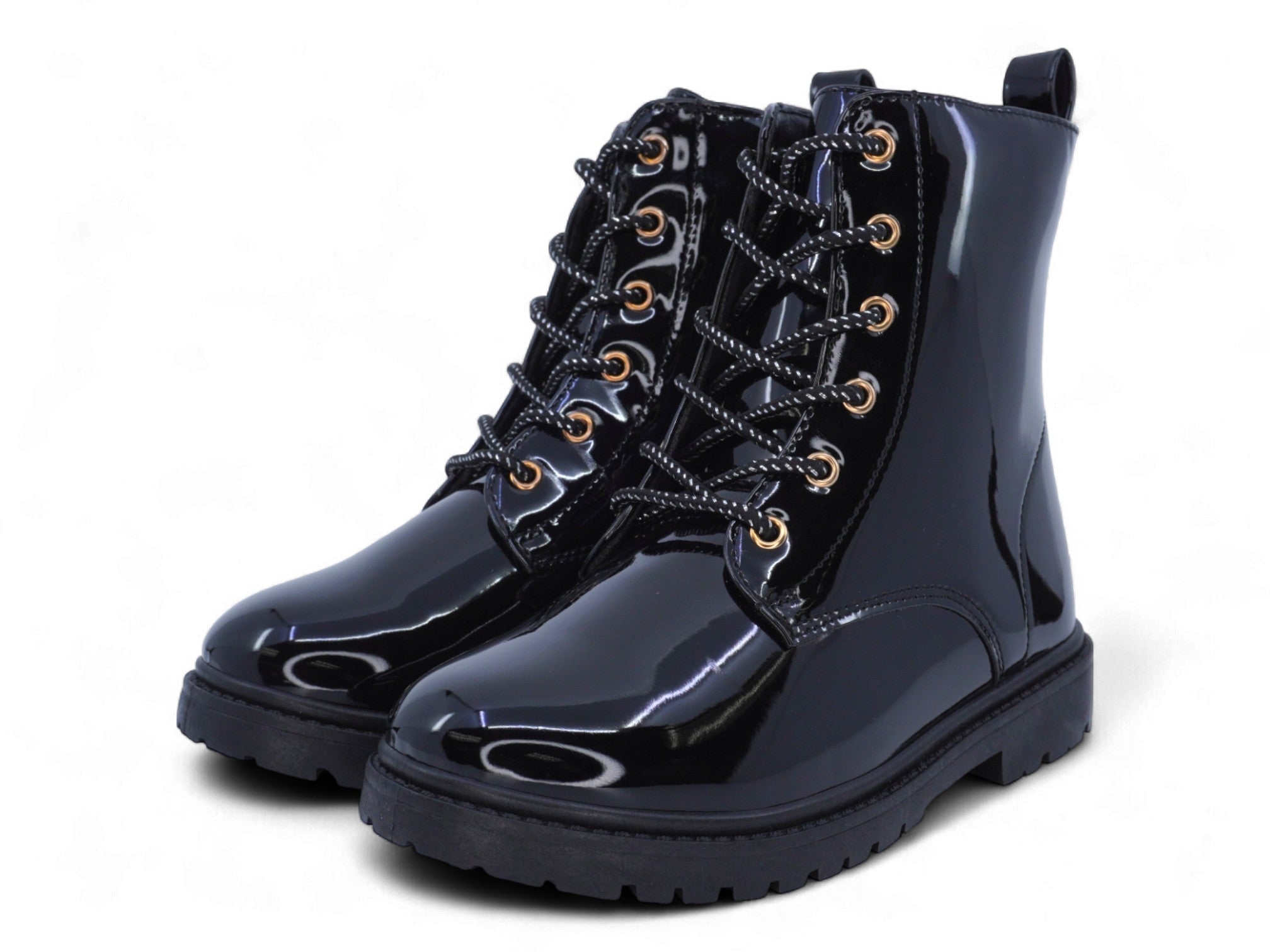 Girls Black Patent Combat Boots