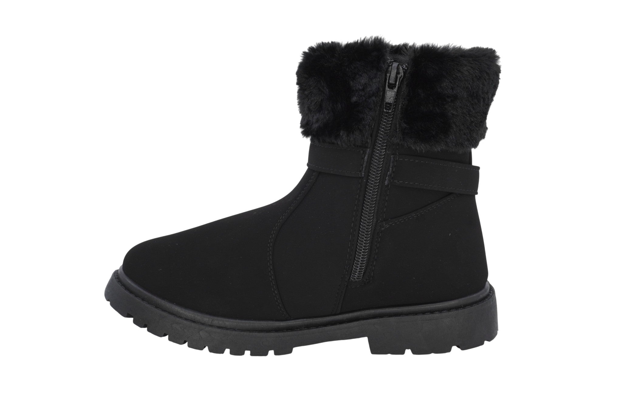 Girls' Black Buckle Fur Boot