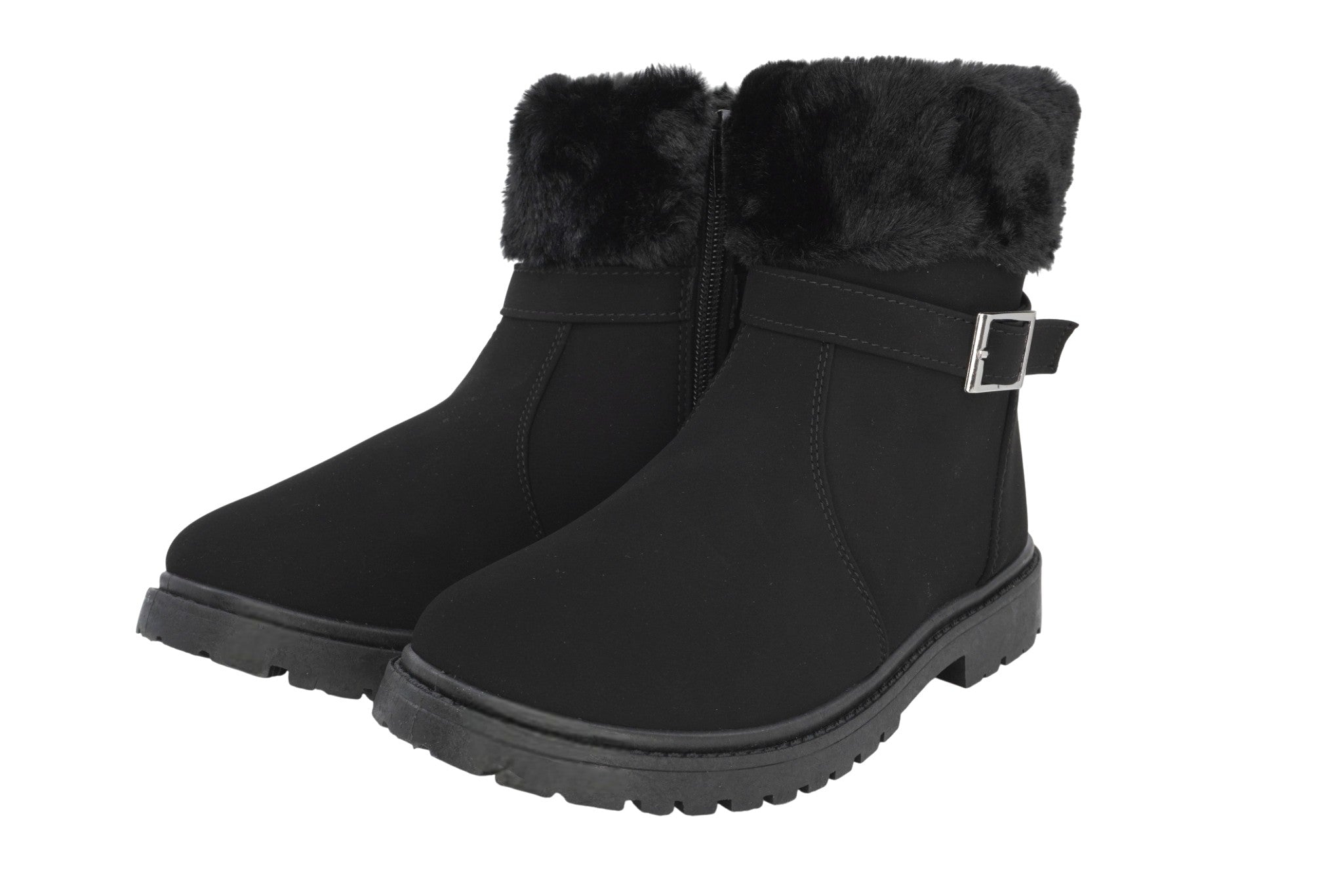 Girls' Black Buckle Fur Boot