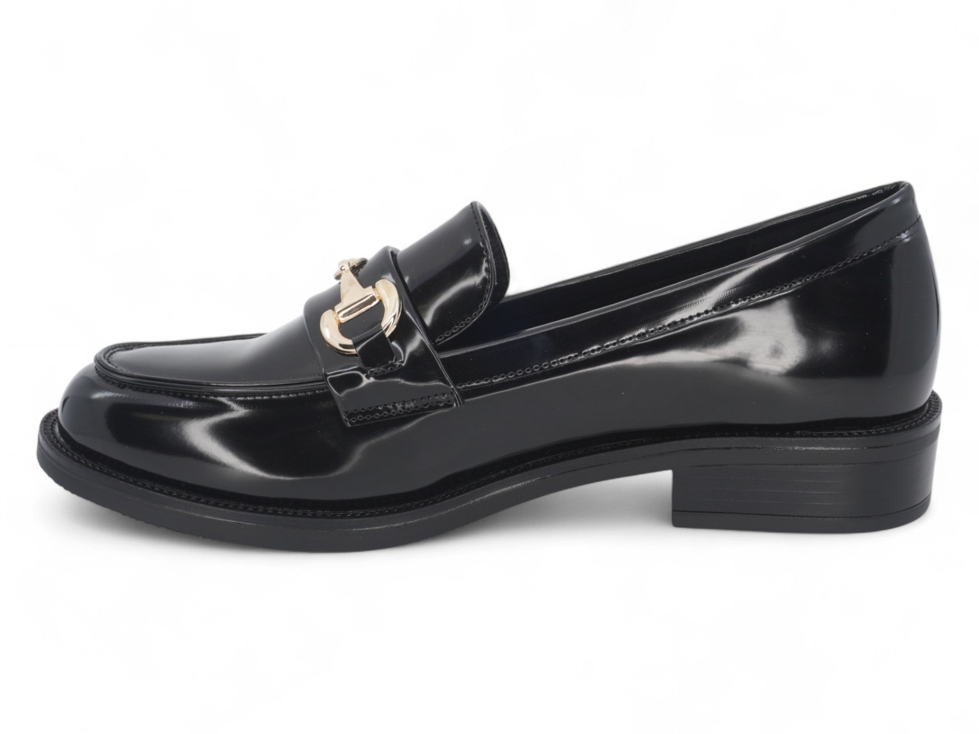 Women's Black Vegan Patent Leather Buckle Loafer