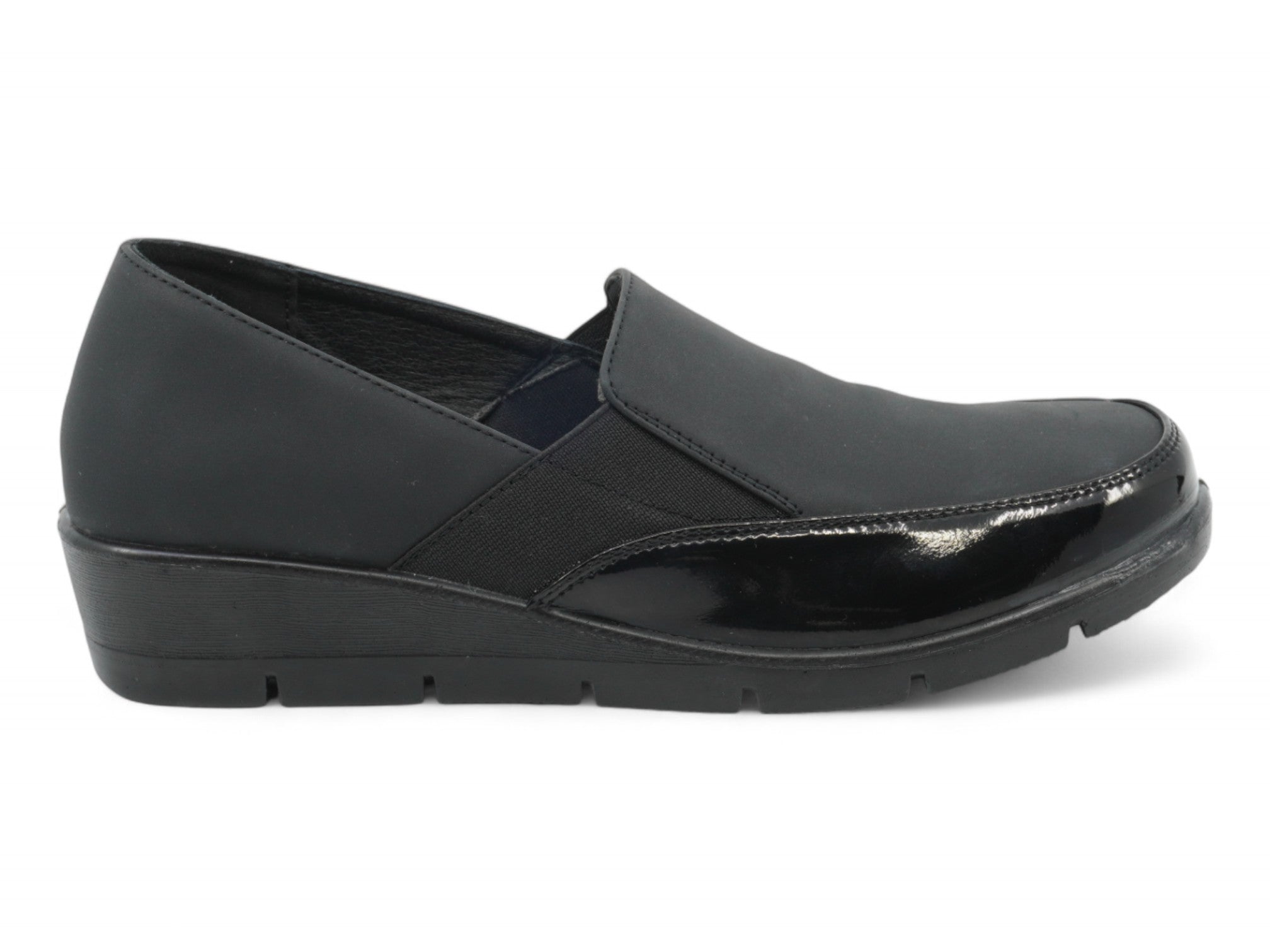 Women's Black Lycra & Patent Comfort Wedge