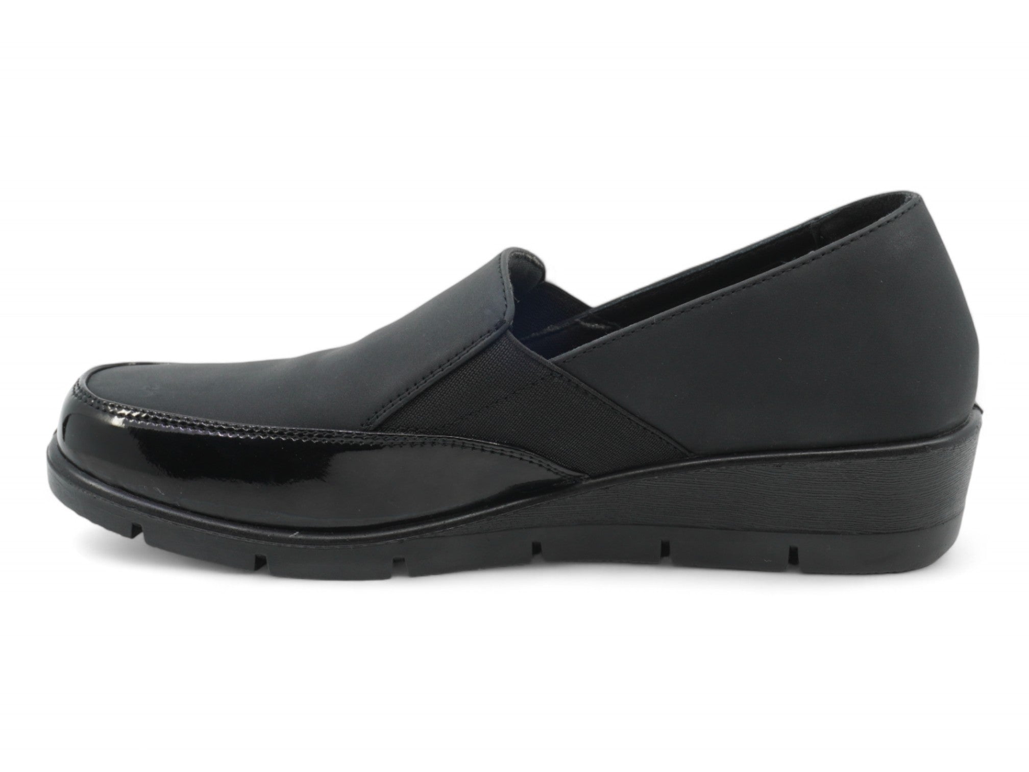 Women's Black Lycra & Patent Comfort Wedge