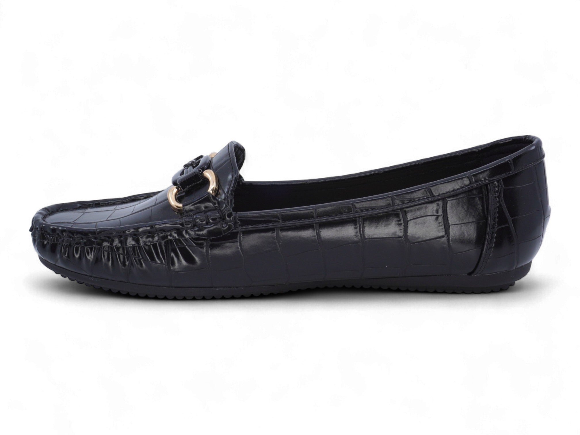 Women's Black Crocodile Wide Width Moccasin