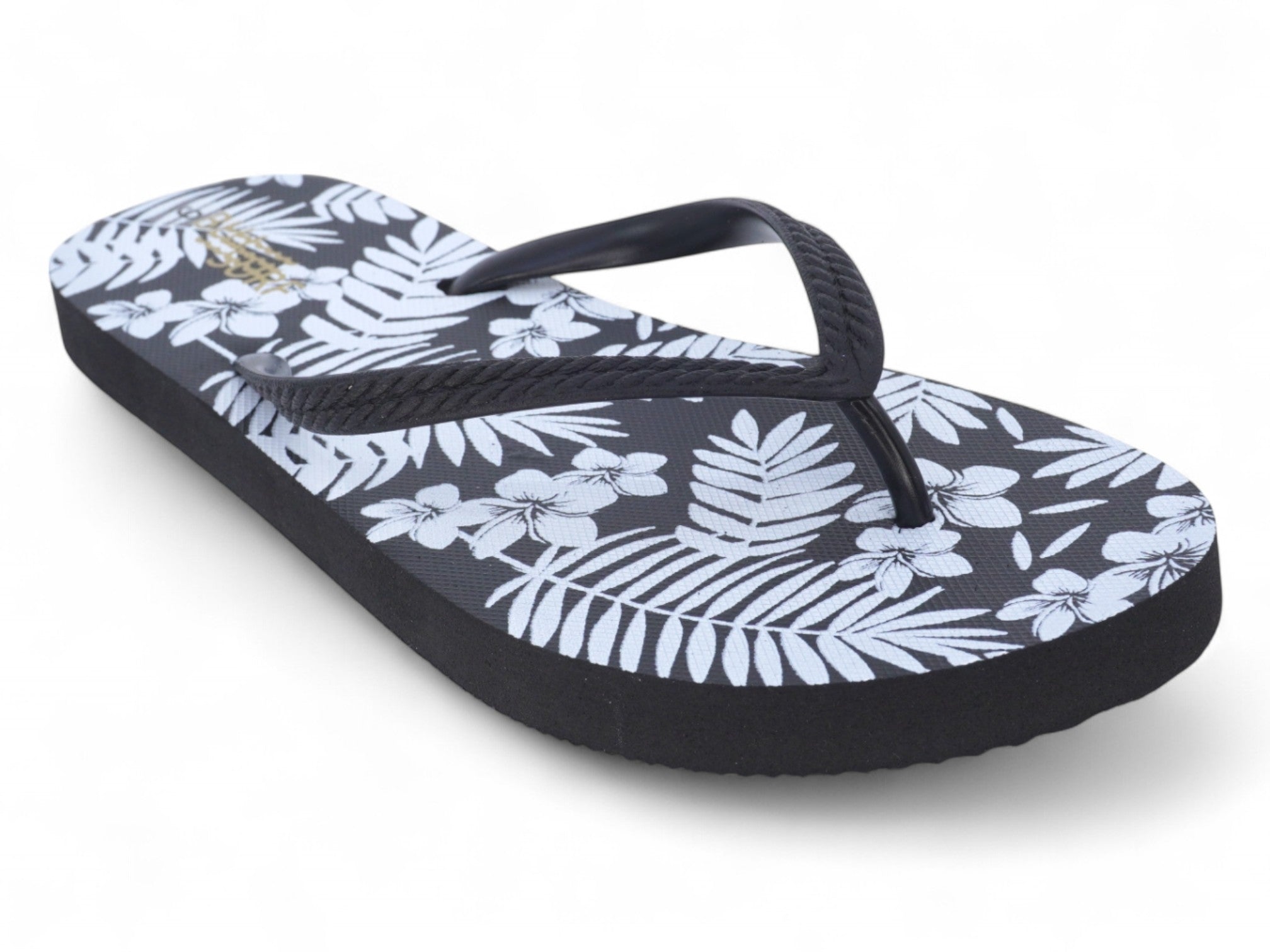 Women's Black Flower Fern Leaf Flip Flops