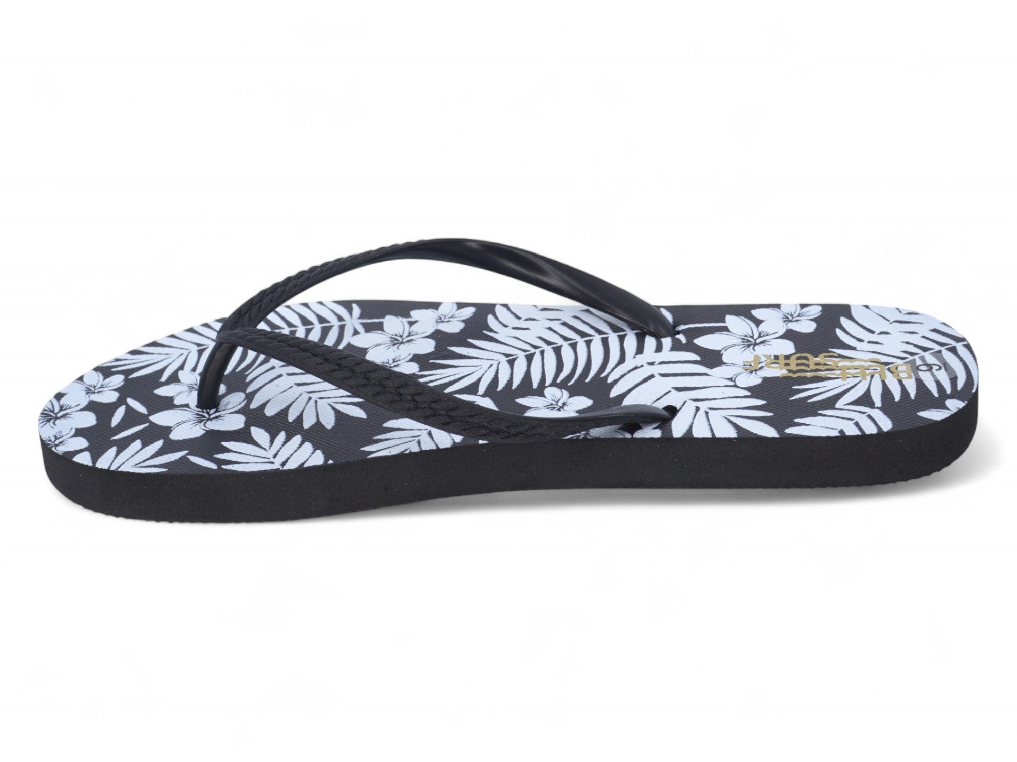 Women's Black Flower Fern Leaf Flip Flops