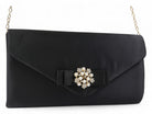 Black Satin Pearl Brooch Clutch