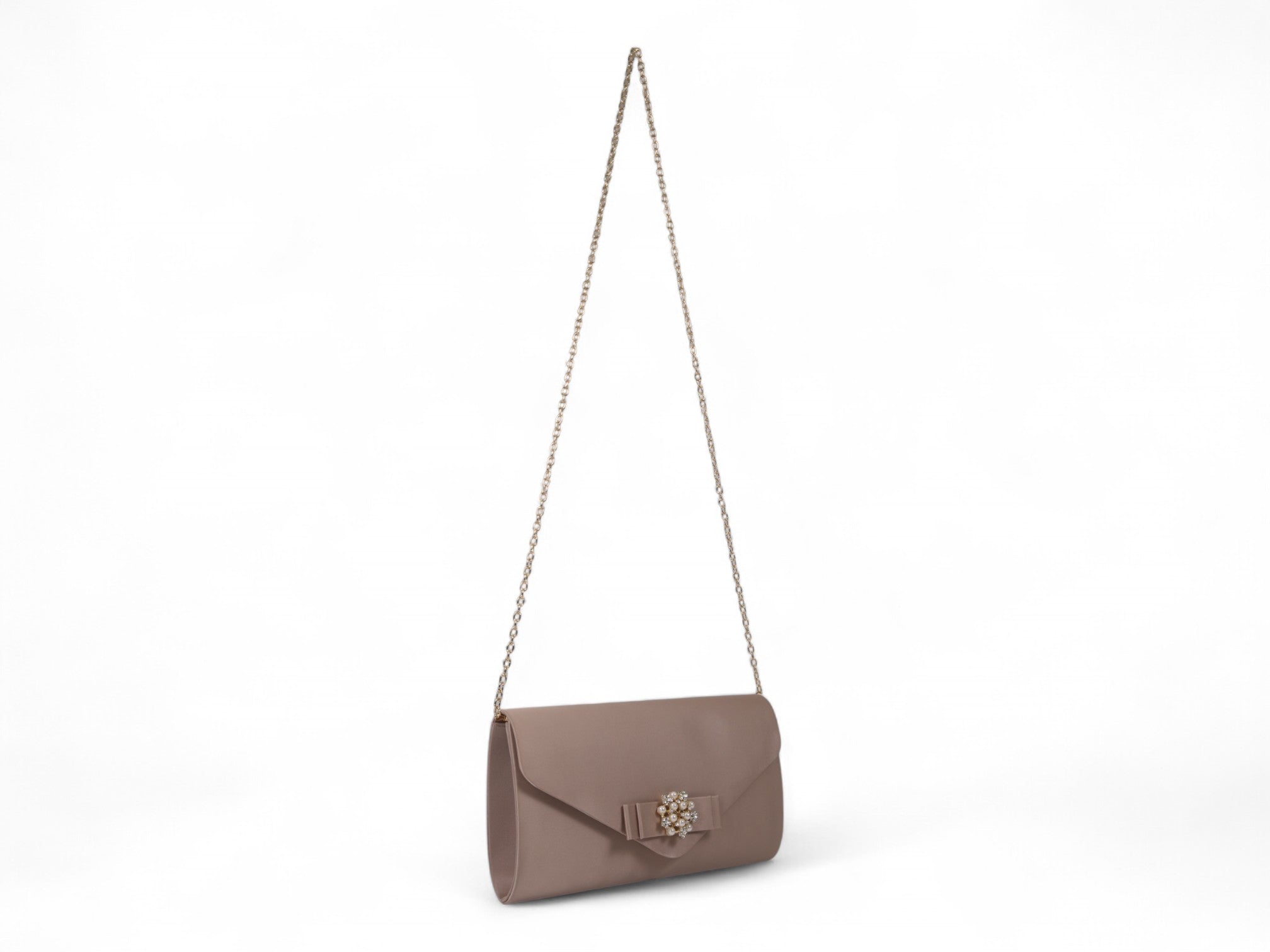 Nude Satin Pearl Brooch Clutch