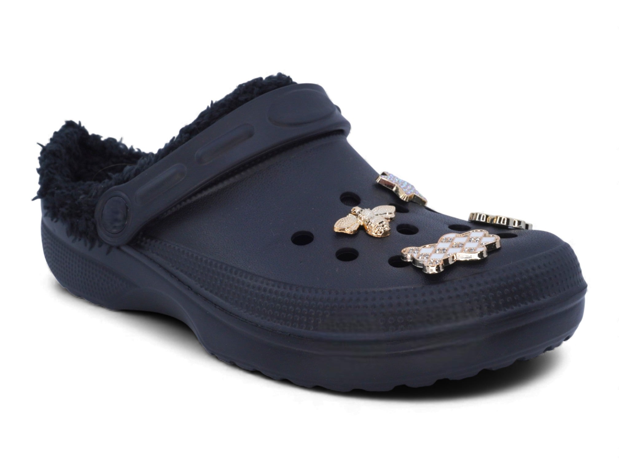 Black Faux Fur Lined Gold Charm Clogs