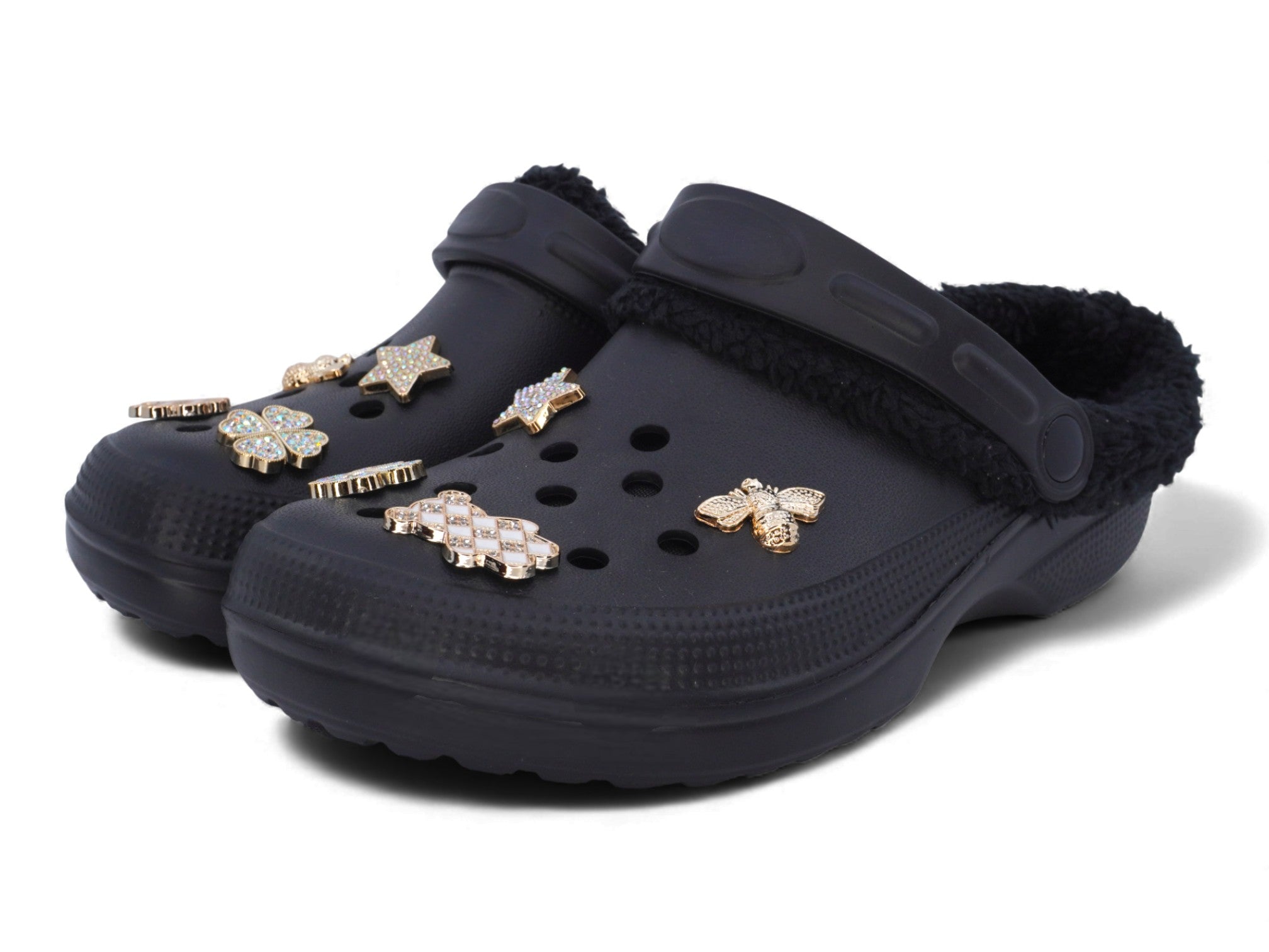 Black Faux Fur Lined Gold Charm Clogs