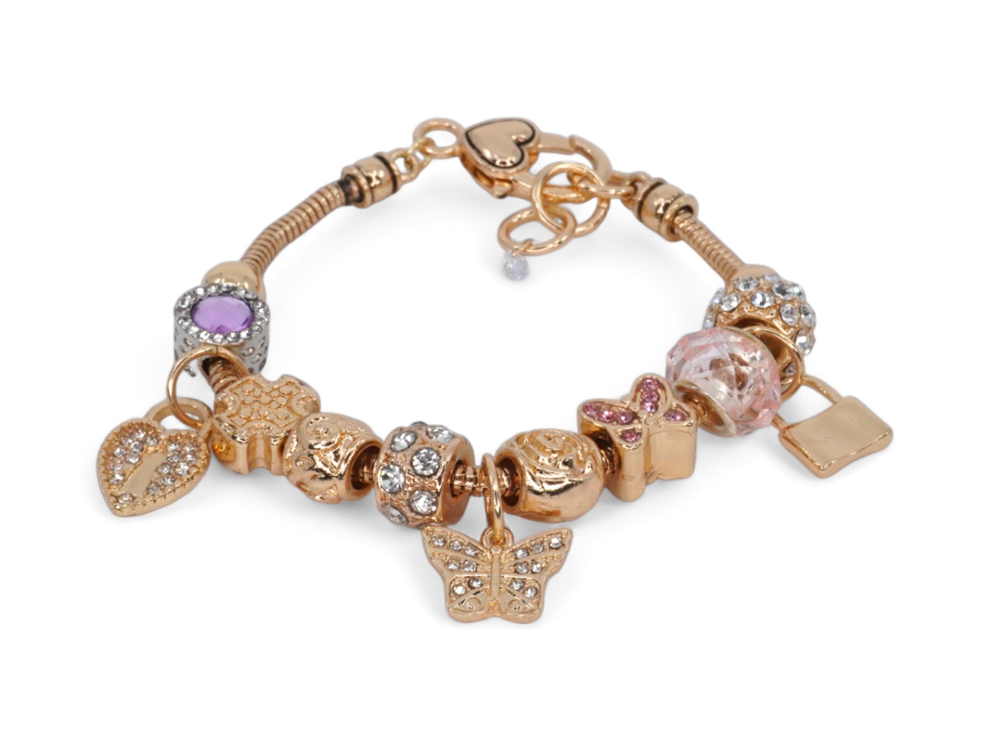 Gold Pink & Purple Butterfly Charm Bracelet