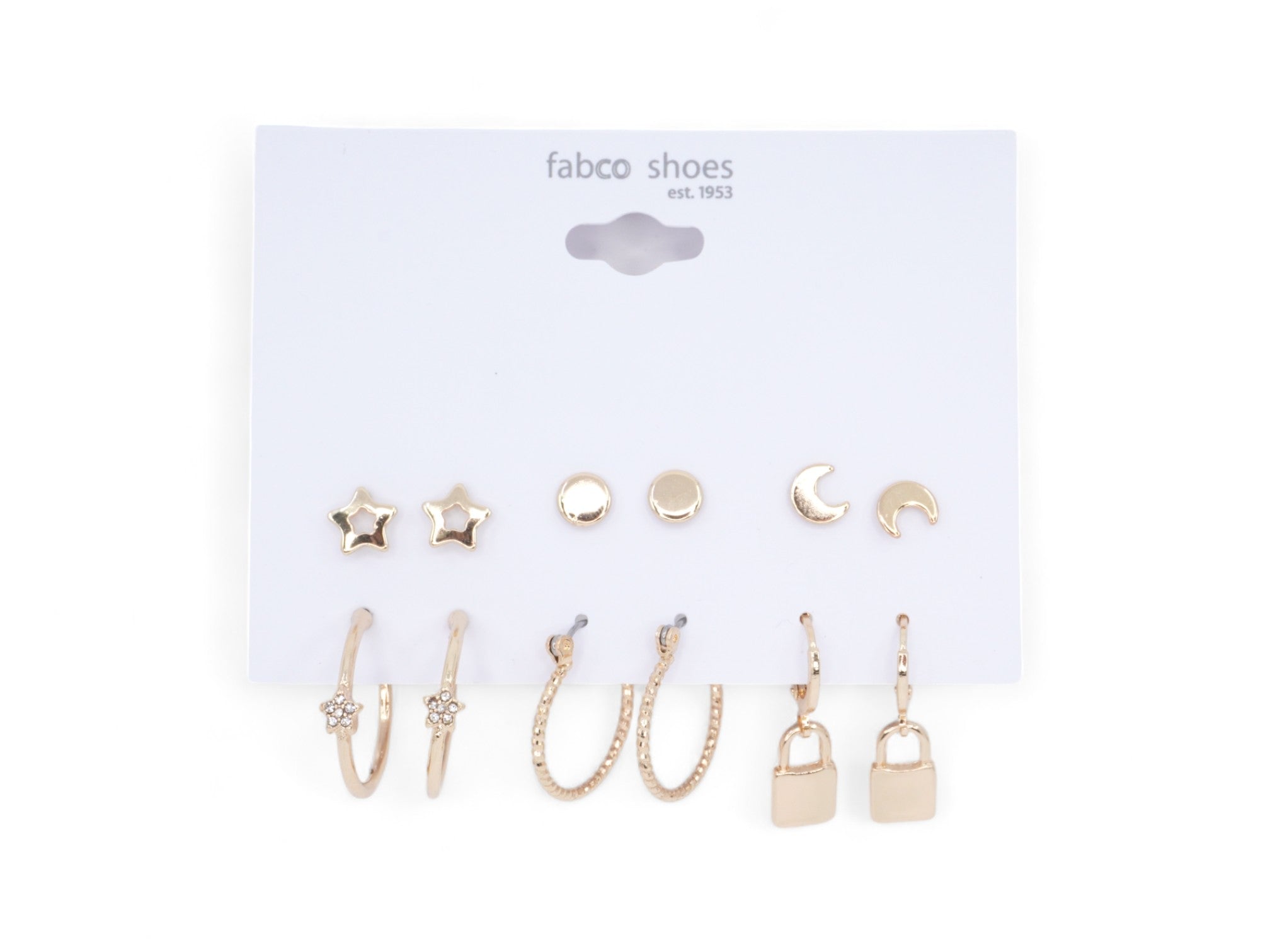 Lock & Star Gold Stud and Hoop Earrings - 6 Pairs