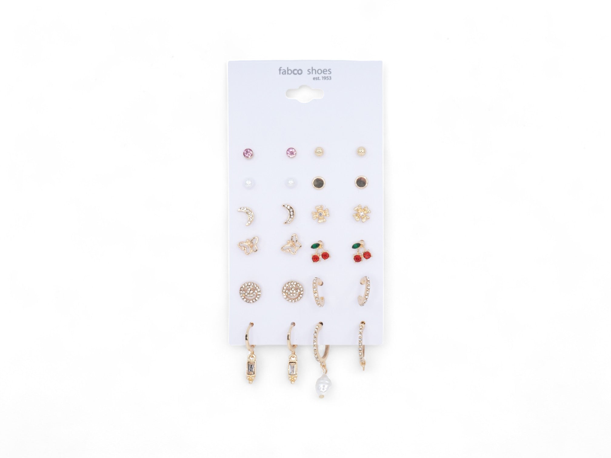 Cherry & Smiley Face Gold Stud Earrings - 12 Pairs