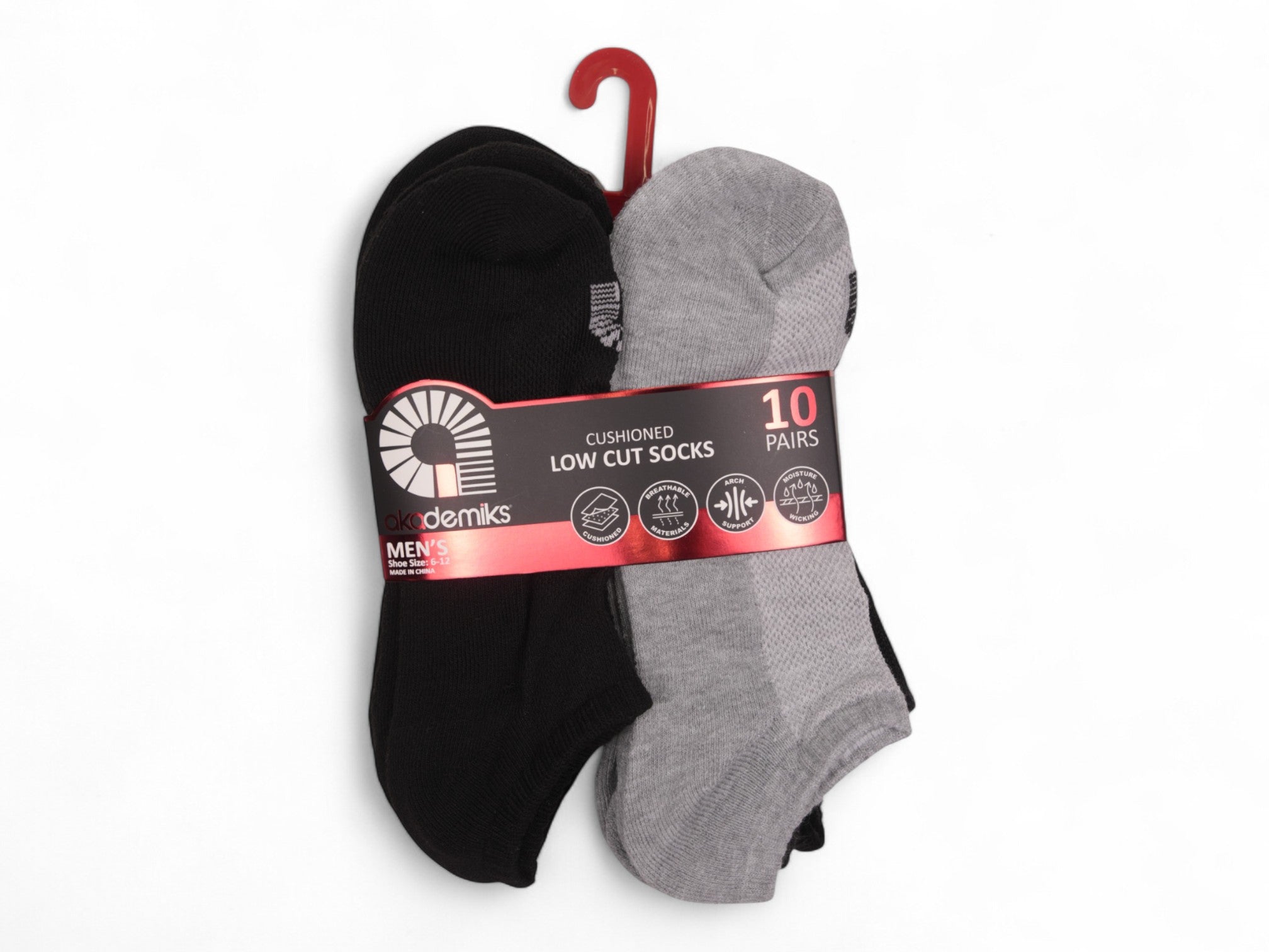 Men's Gray Black Cushioned Low Cut Socks - 10 Pairs