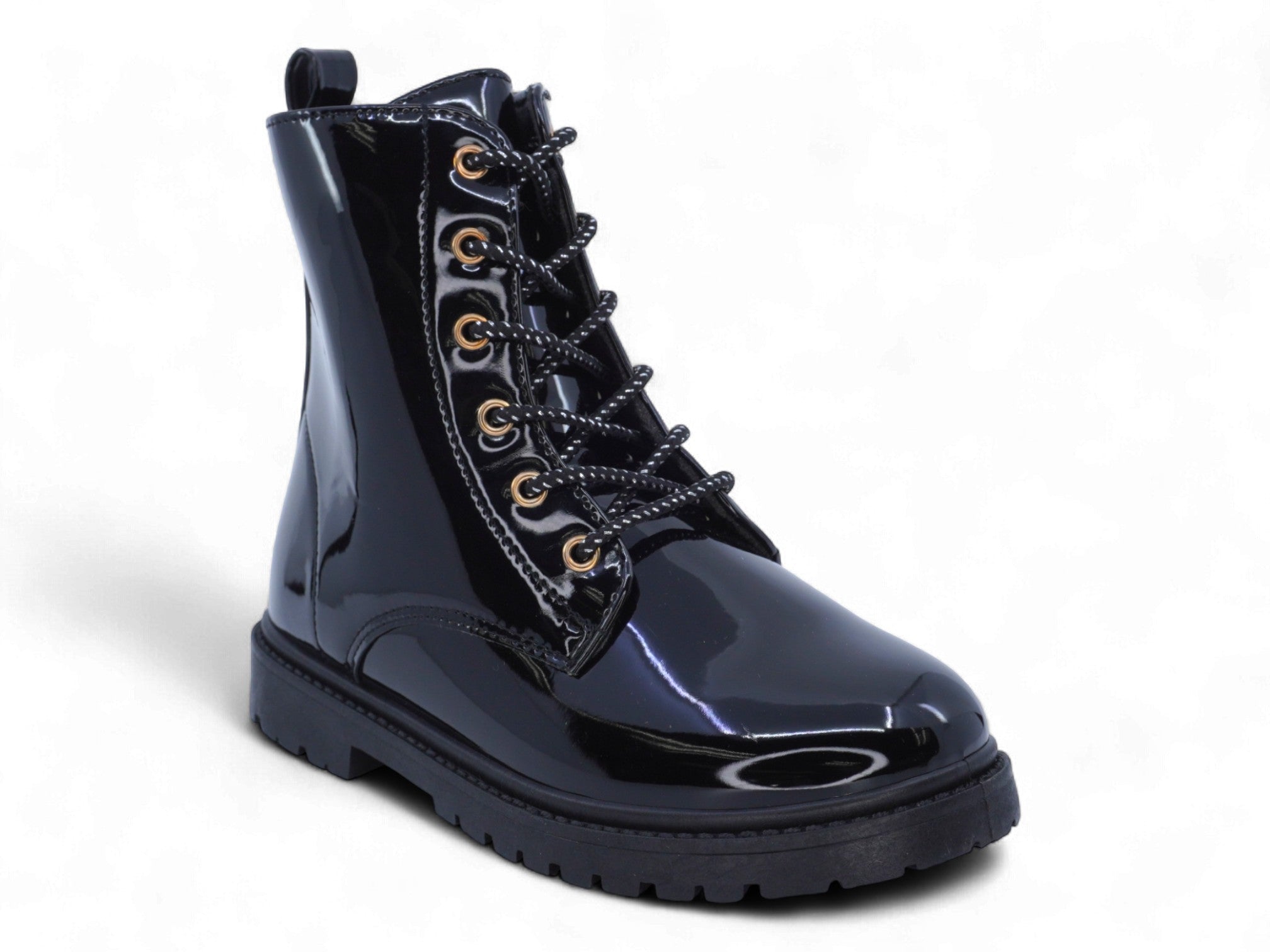 Girls Black Patent Combat Boots