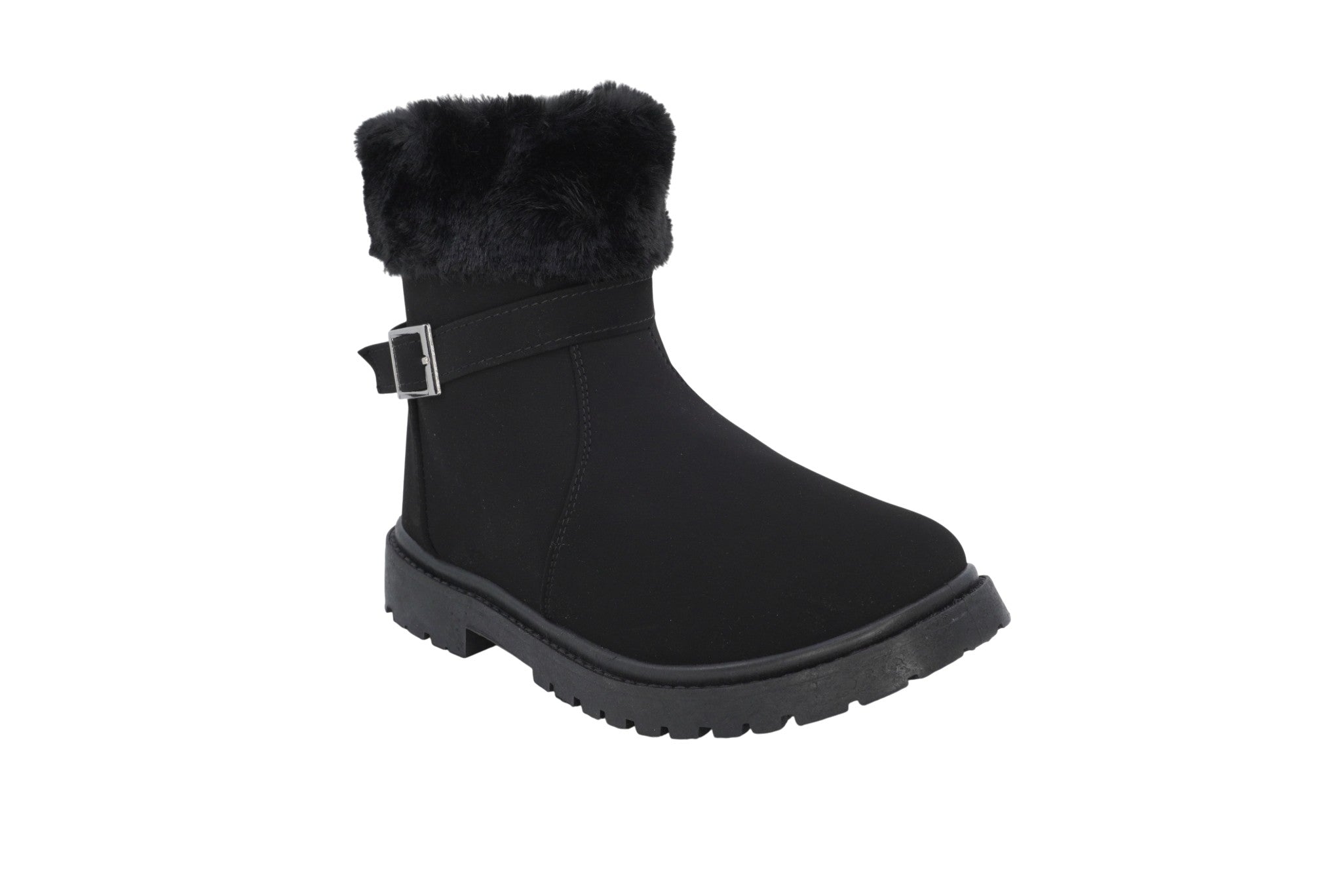 Girls' Black Buckle Fur Boot
