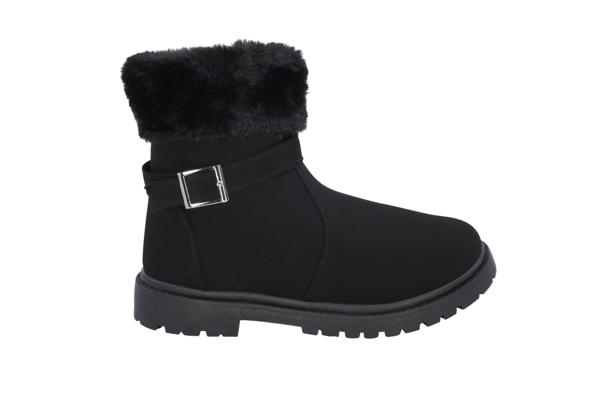 Girls' Black Buckle Fur Boot