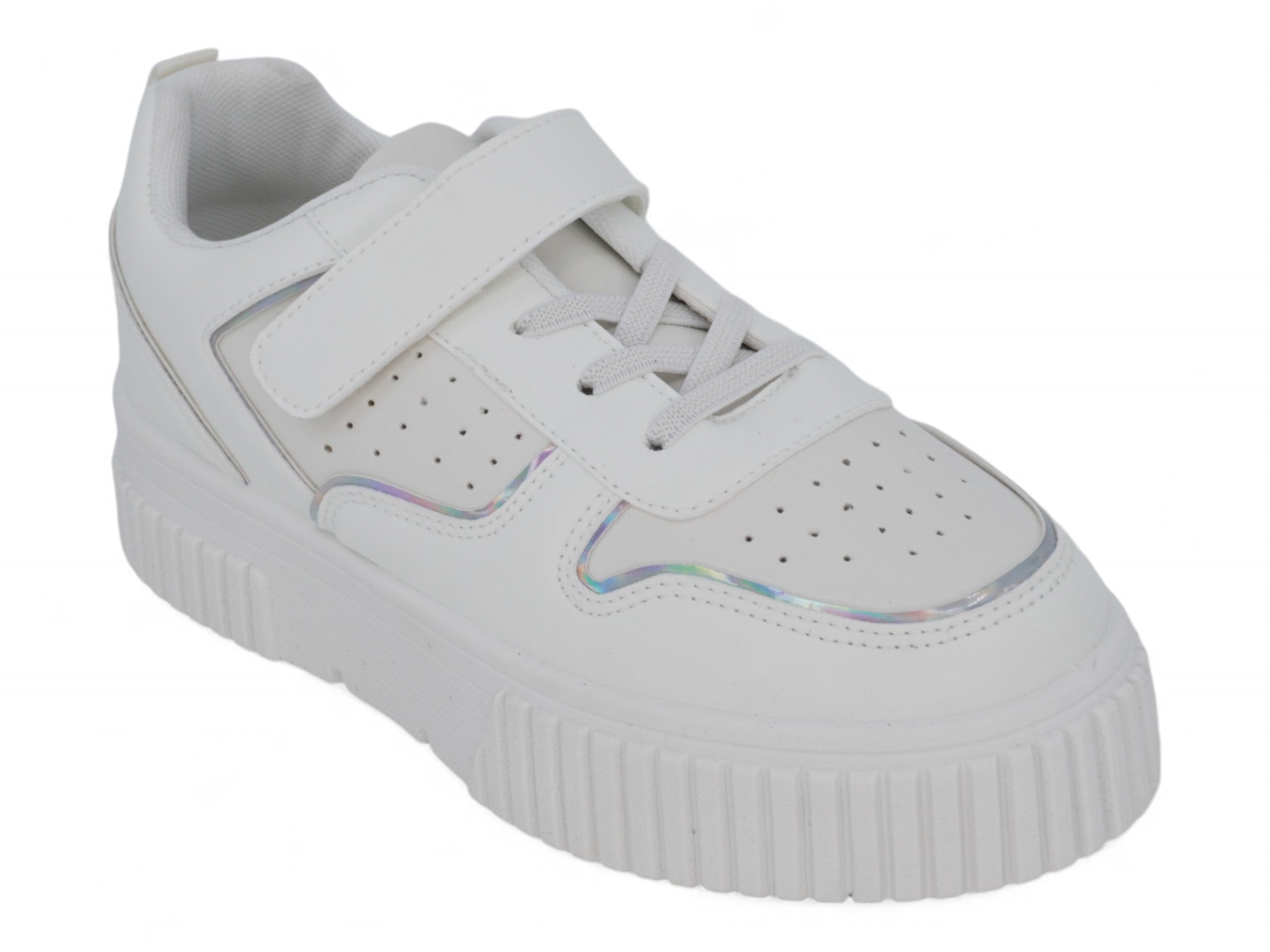 Girls' White & Silver Velcro Court Side Sneaker