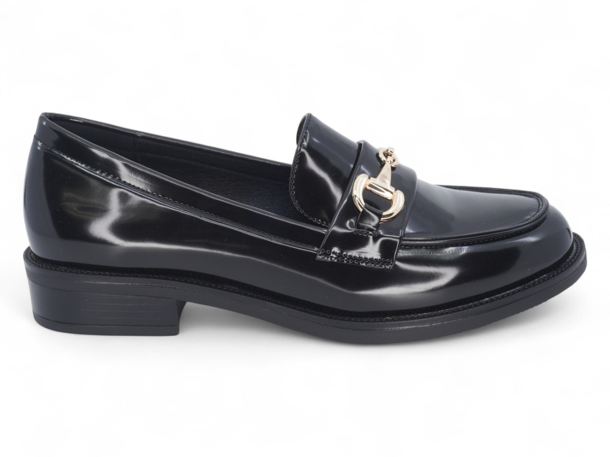 Women's Black Vegan Patent Leather Buckle Loafer