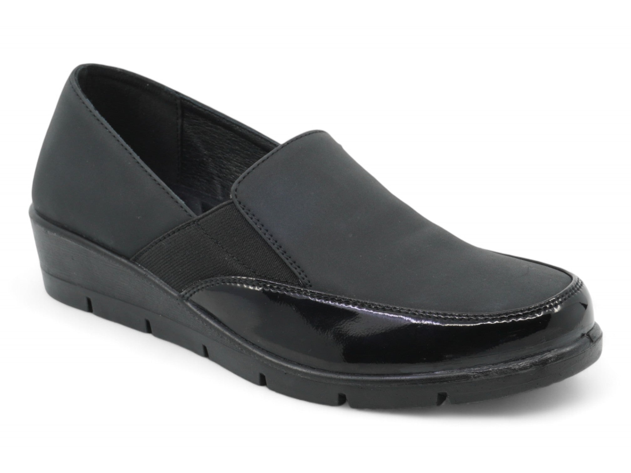 Women's Black Lycra & Patent Comfort Wedge