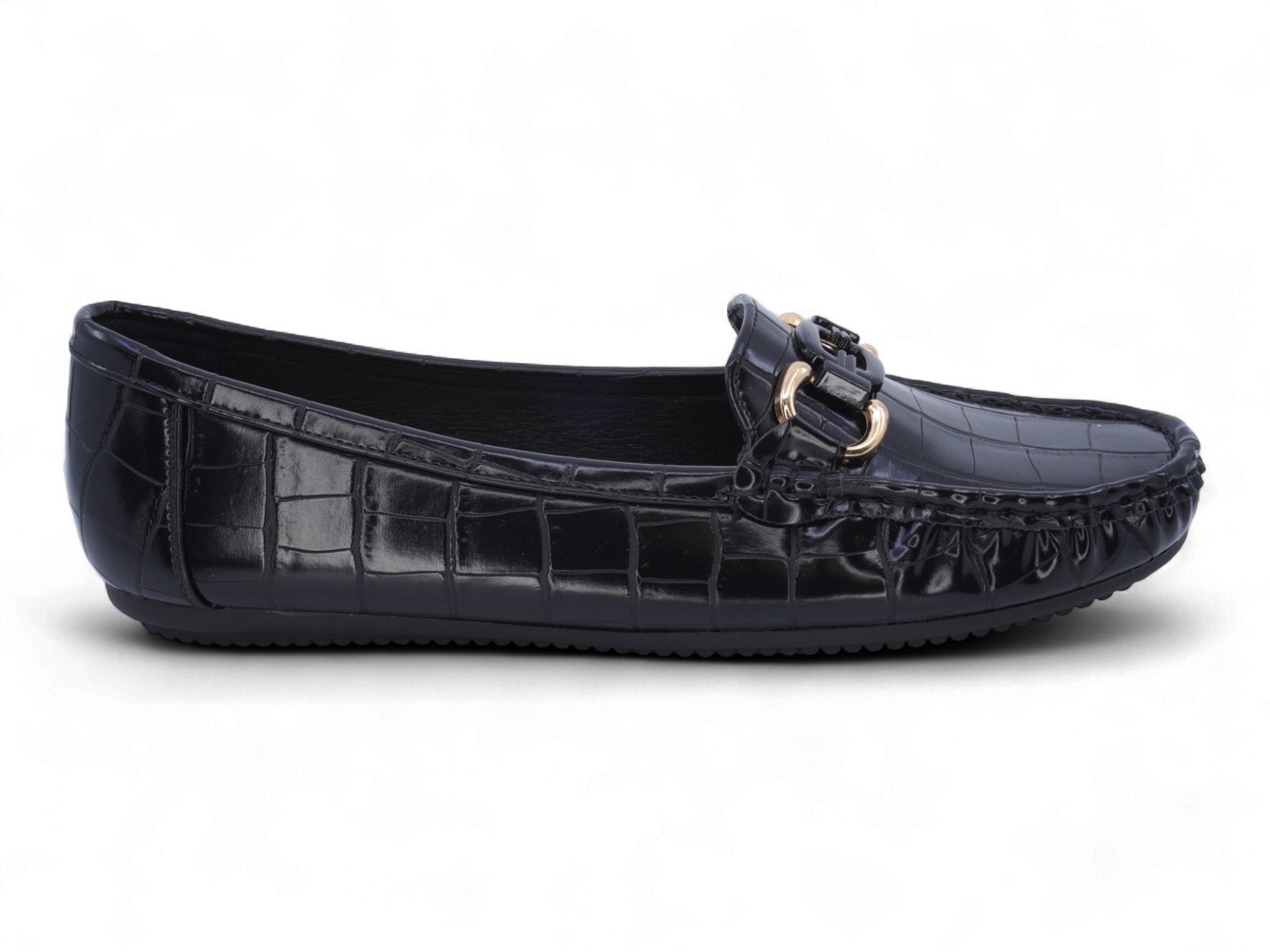 Women's Black Crocodile Wide Width Moccasin