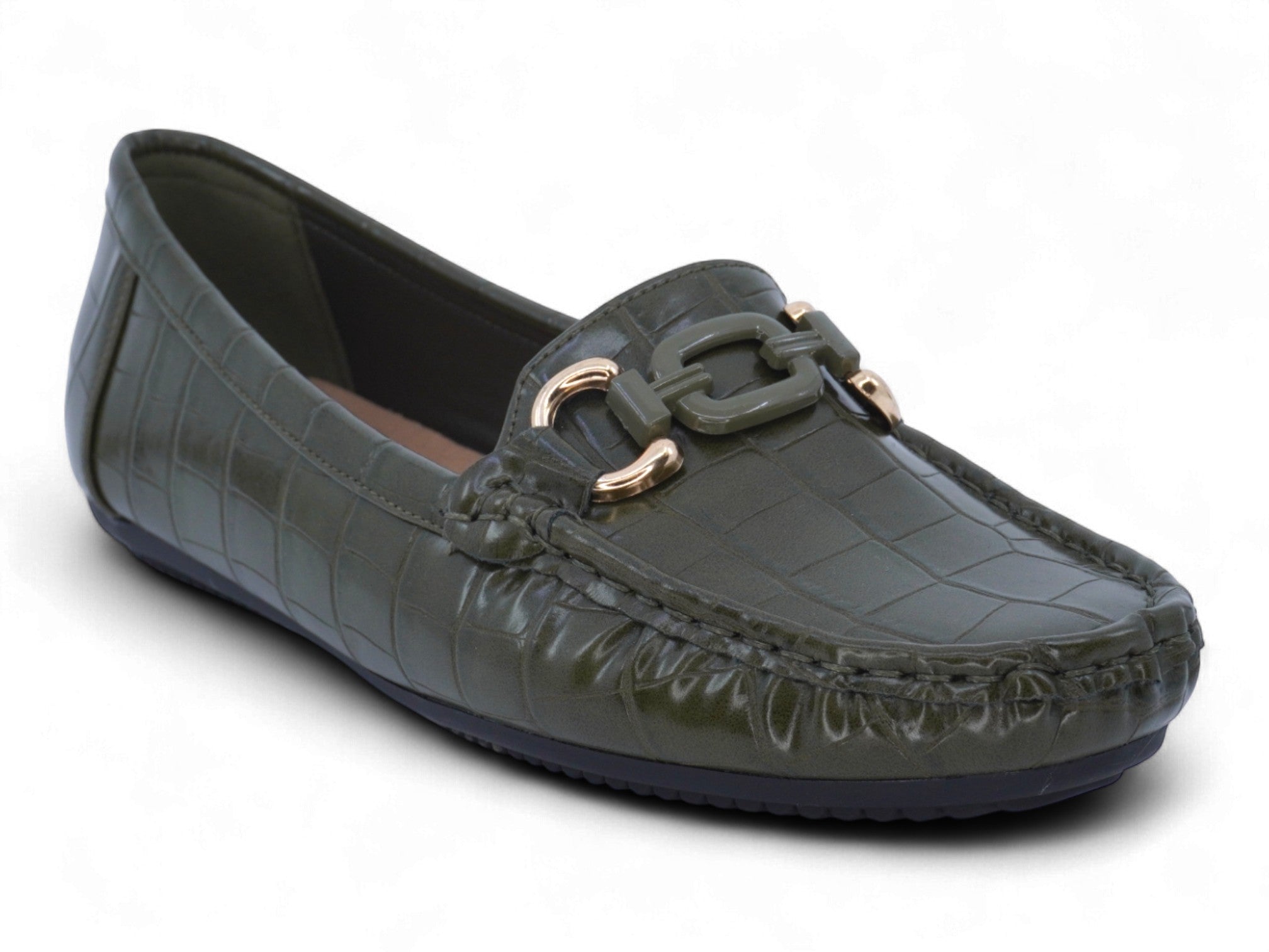 Women's Olive Crocodile Wide Width Moccasin