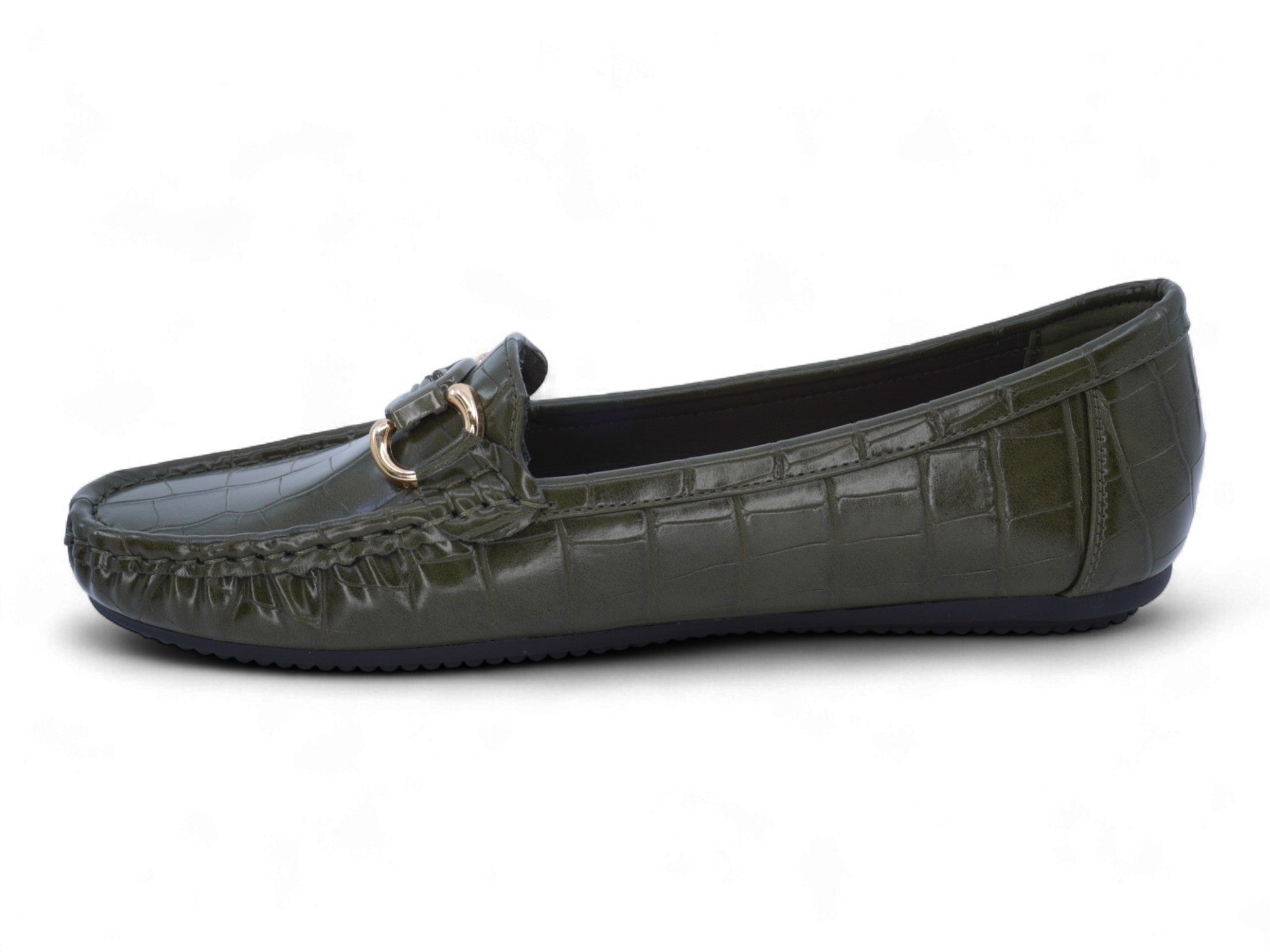 Women's Olive Crocodile Wide Width Moccasin