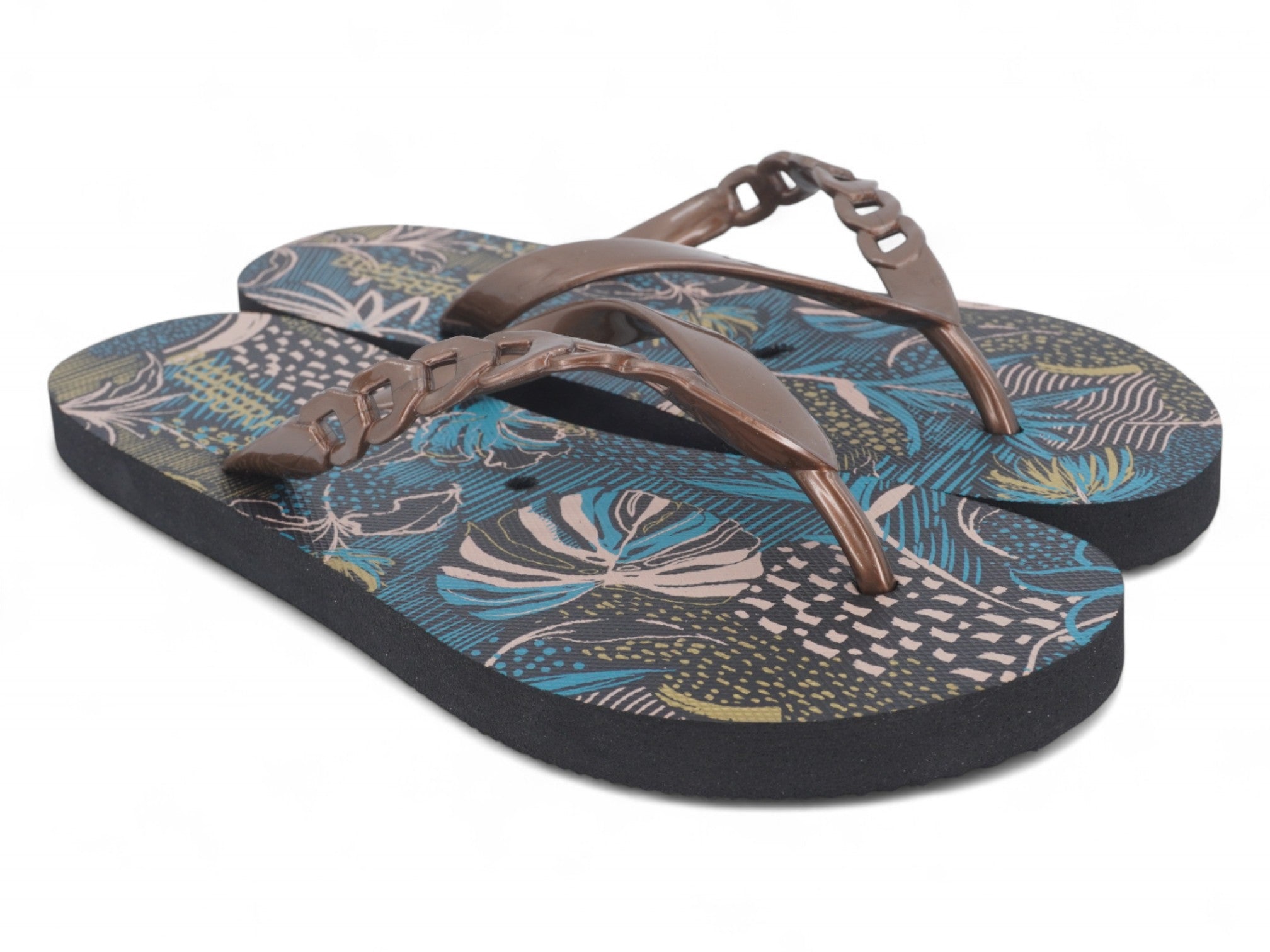 Women's Green & Gold Palm Print Flip Flops
