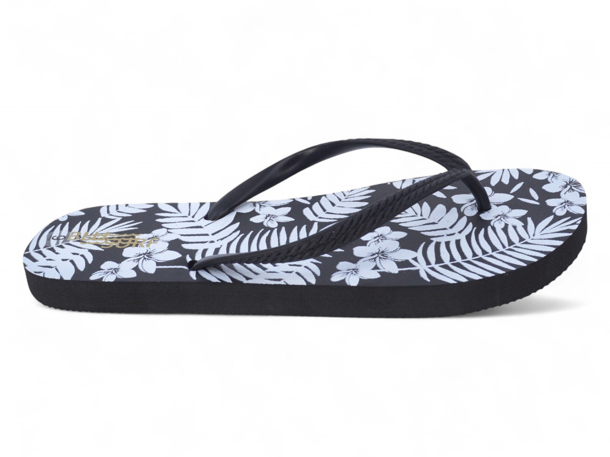Women's Black Flower Fern Leaf Flip Flops