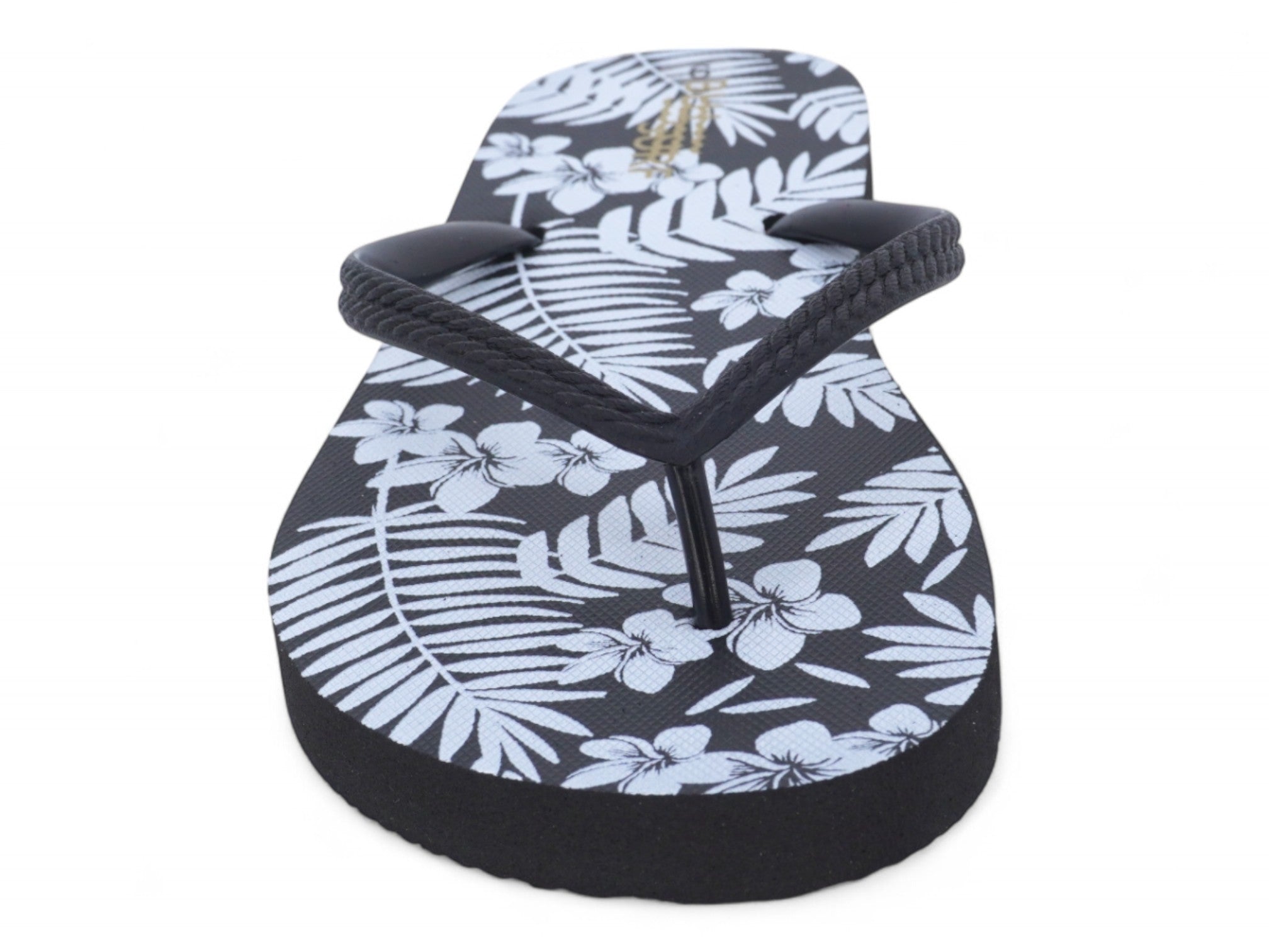 Women's Black Flower Fern Leaf Flip Flops