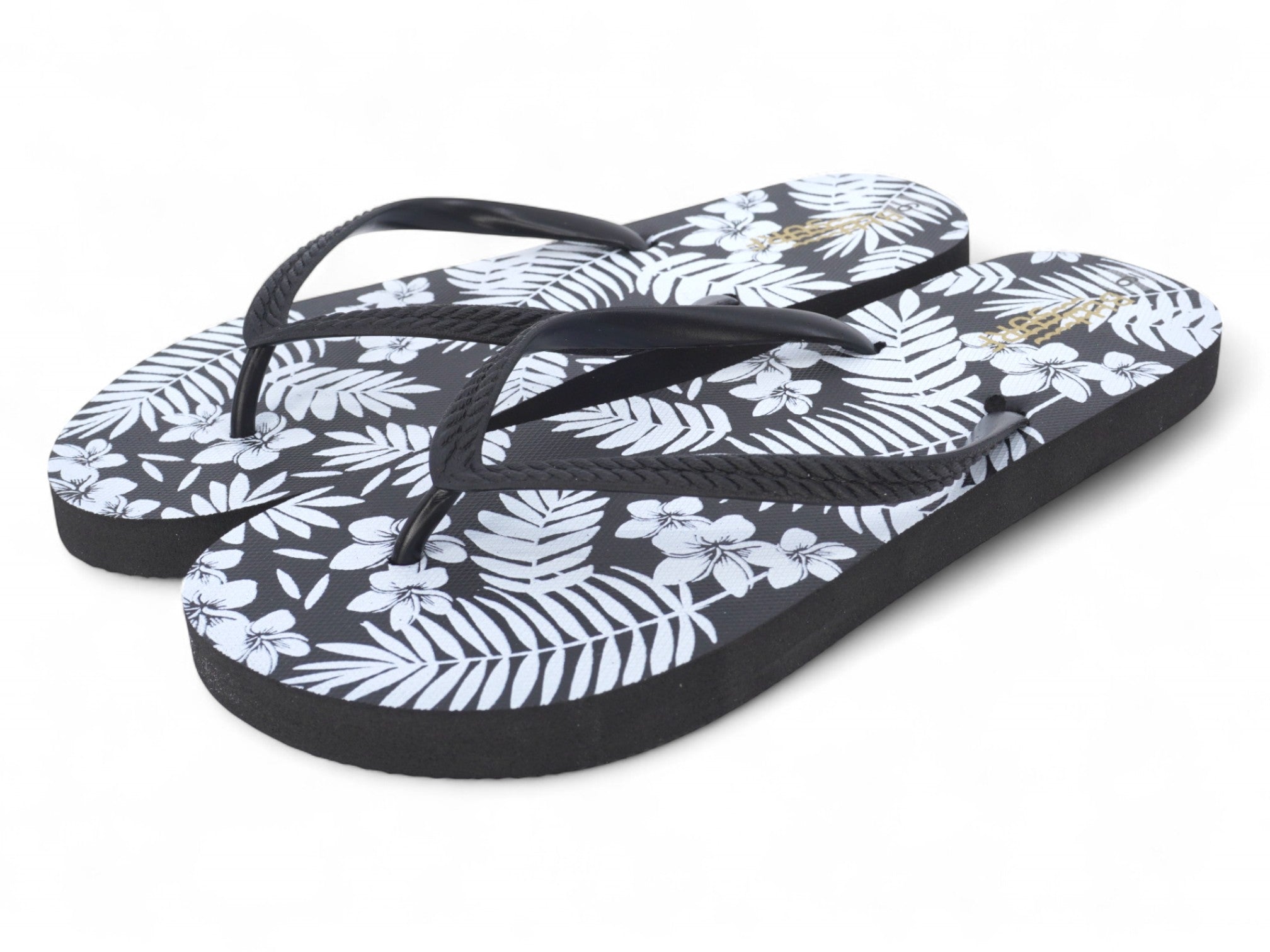 Women's Black Flower Fern Leaf Flip Flops